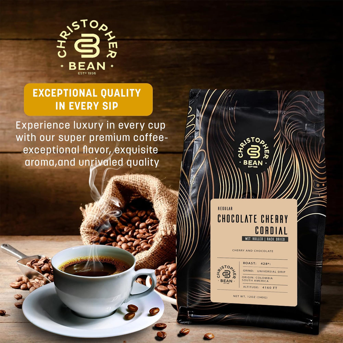 Christopher Bean Coffee - Chocolate Cherry Cordial Flavored Coffee, (Regular Ground) 100% Arabica, No Sugar, No Fats, Made With