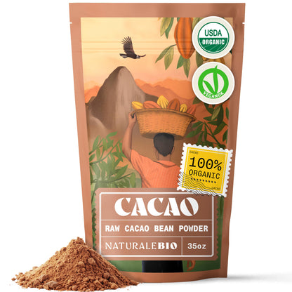 NaturaleBio Cacao Powder Organic 35oz. Unsweetened, Non-Alkalized and Pure. Cocoa Powder Substitute with Rich Dark Chocolate Fla