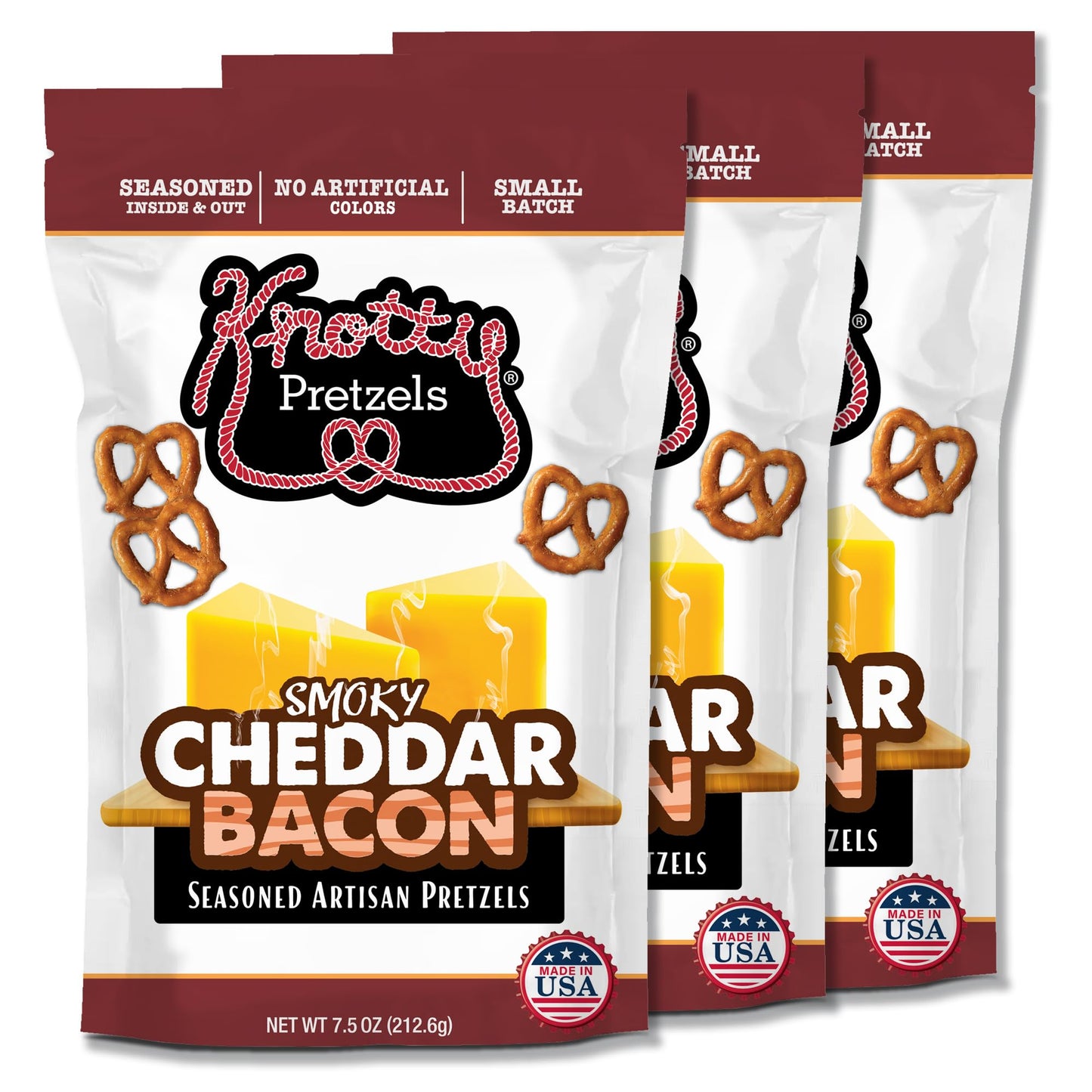 Knotty Pretzels - The Official Pretzel Of Malt Drink 7.5 Ounce Individual Seasoned Pretzel In Resealable Snack Bags - Smokey Cheddar Bacon (3 Pack)