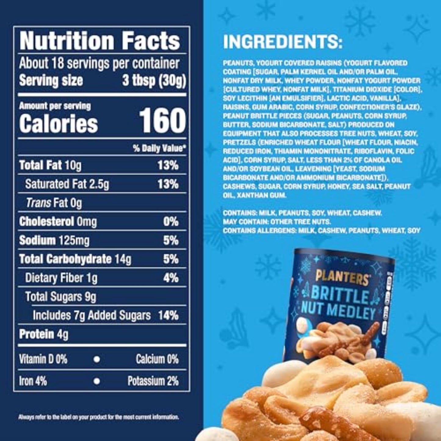 PLANTERS Holiday Brittle Nut Medley Trail Mix Snack with Honey Peanuts  Yogurt Raisins  Peanut Brittle  Pretzels & Cashews  Holiday Snack  Party Nut Mix  1 lb. Canister