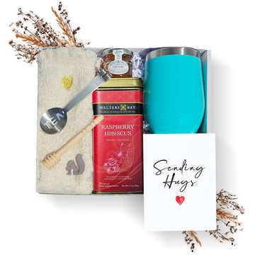 Modern Elegance Tea Gift Set - Cozy Socks, 18 Full Leaf Sachets, Honey, Tumbler & Sending Hugs Card - Raspberry Hibiscus