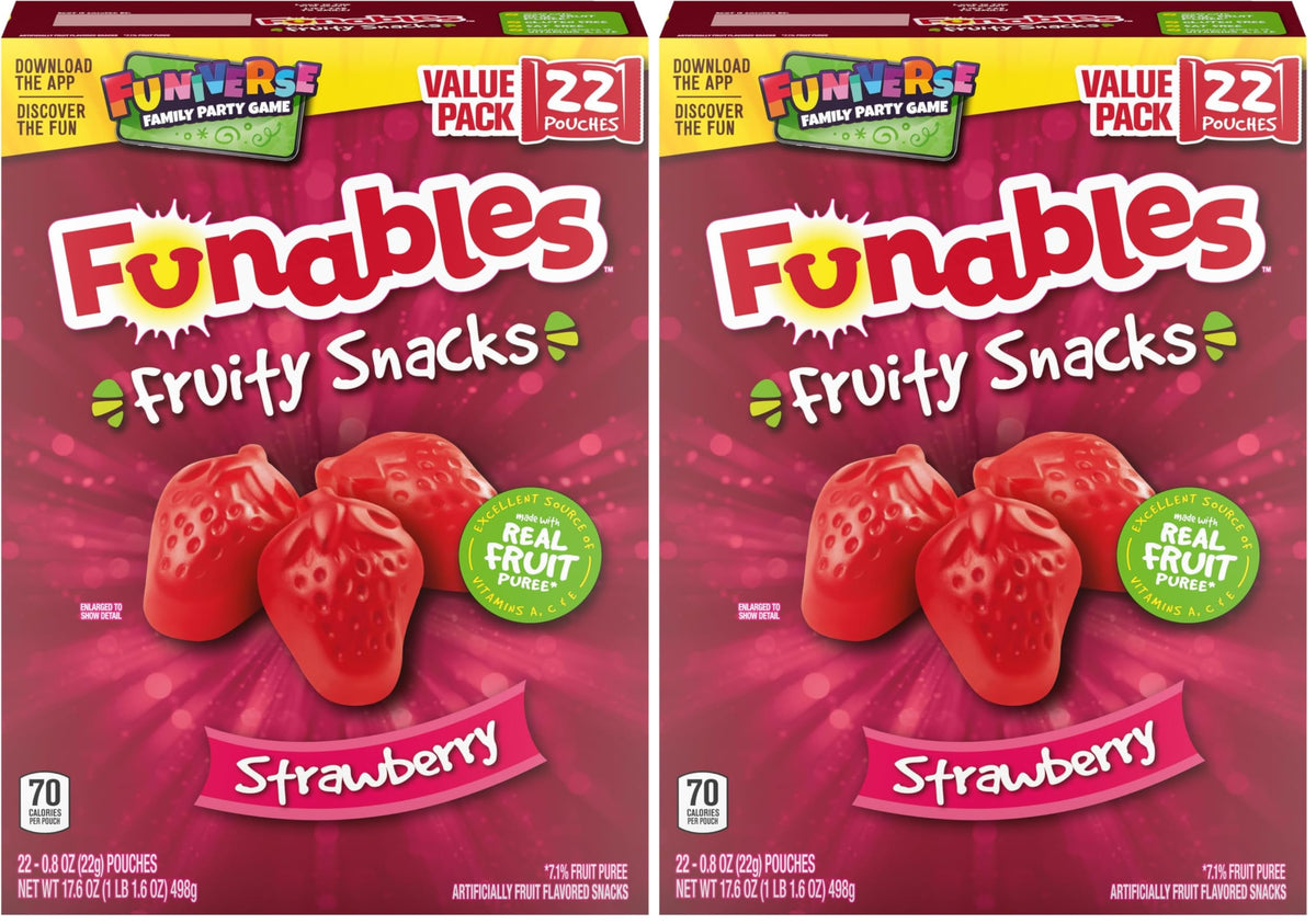 Funables Fruit Snacks, Strawberry Fruit Flavored Snacks, 0.8 Ounce Pouches (22 Count) (Pack of 2)