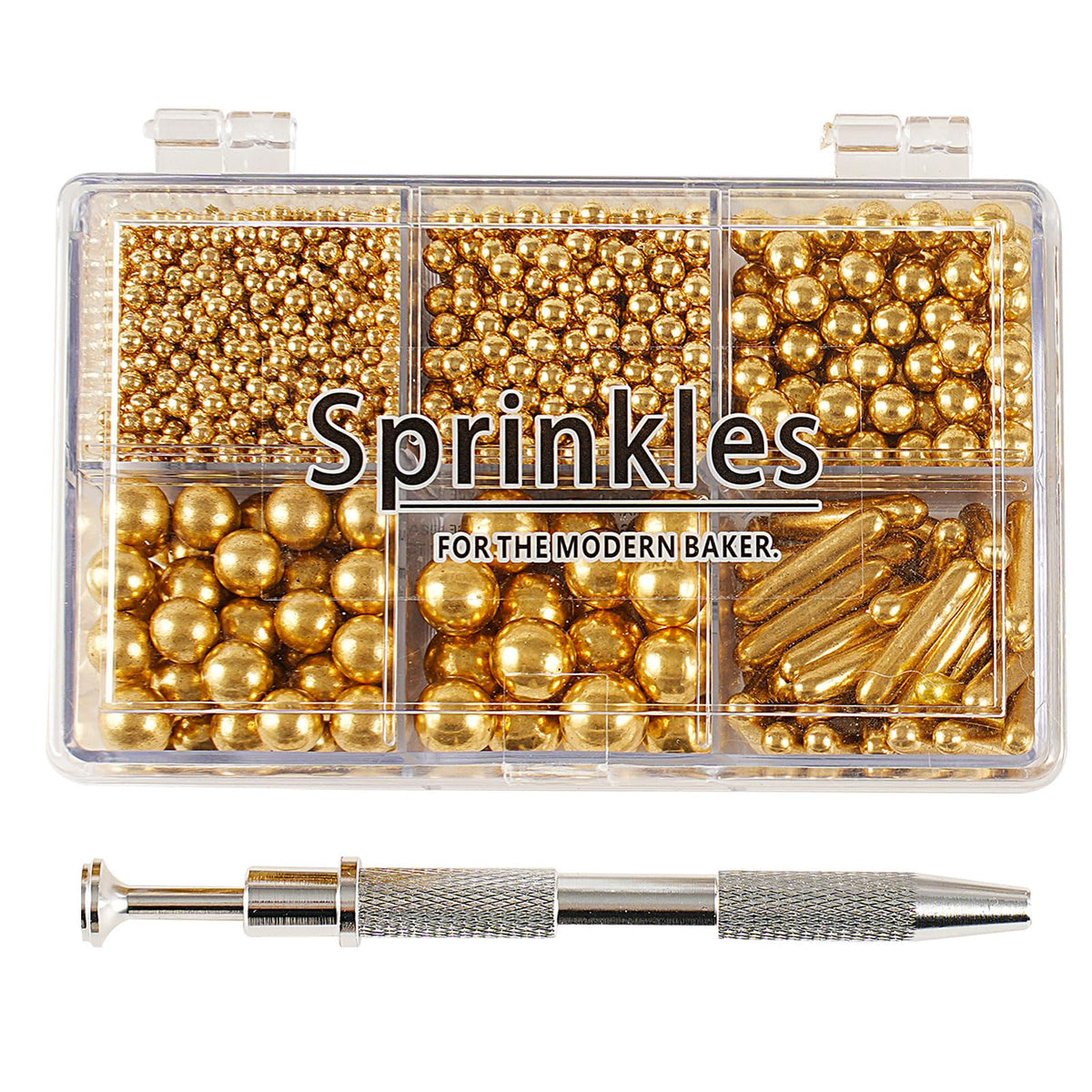 Kasvan Gold Mix Sugar Sprinkles - Edible Candy Pearls with 4-Claw Sprinkle Pen,118g/4.16 Oz, Gift Box Pack, Baking Cake Decorati