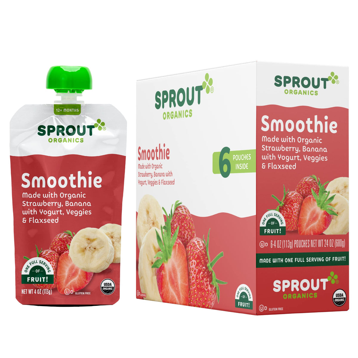 Sprout Organic Baby Food, Stage 4 Toddler Smoothie Pouches, Strawberry Banana & Yogurt, 4 Oz Purees (Pack Of 12)