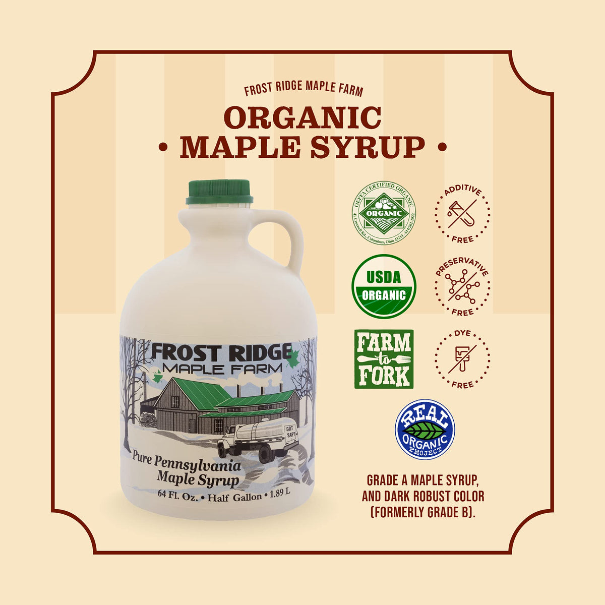 Frost Ridge Maple Farm, Organic Maple Syrup, Grade A, Half Gallon (64 Fl Oz), Dark Robust (Formerly Grade B)