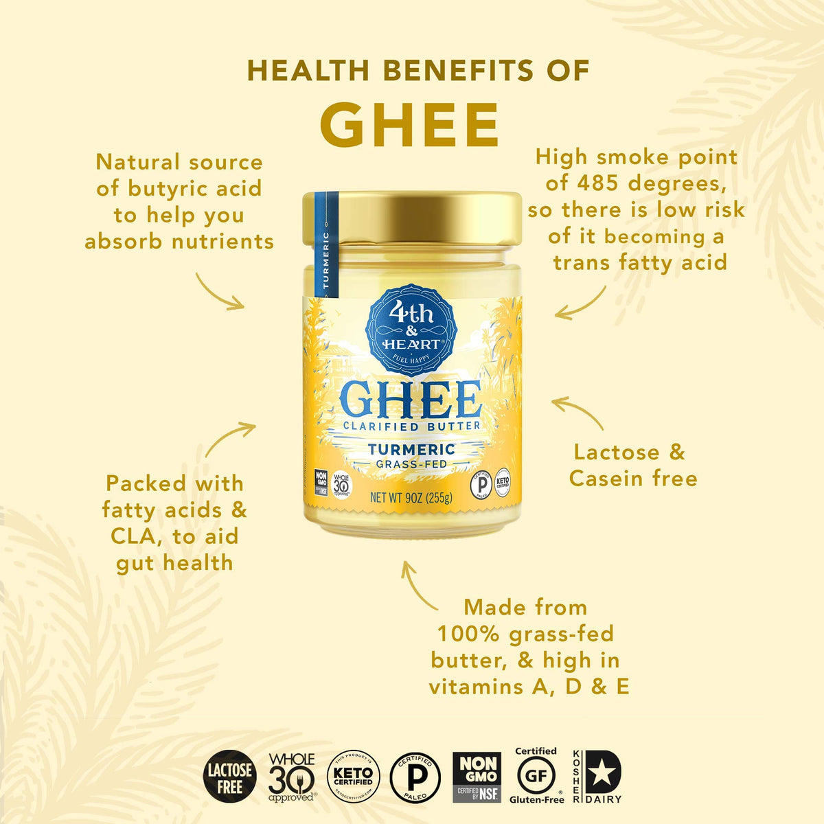 4Th & Heart Turmeric Grass-Fed Ghee, Clarified Butter, Keto, Pasture Raised, Non-Gmo, Lactose And Casein Free, Certified Paleo (