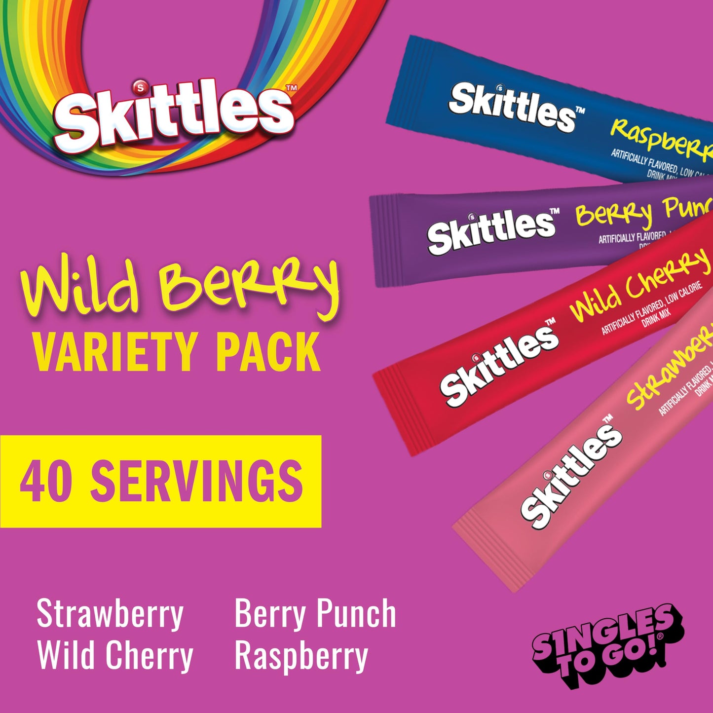 Skittles Singles To Go Wild Berry Variety Pack, Watertok Powdered Drink Mix, Zero Sugar, Low Calorie, Includes 4 Wild Berry Flav