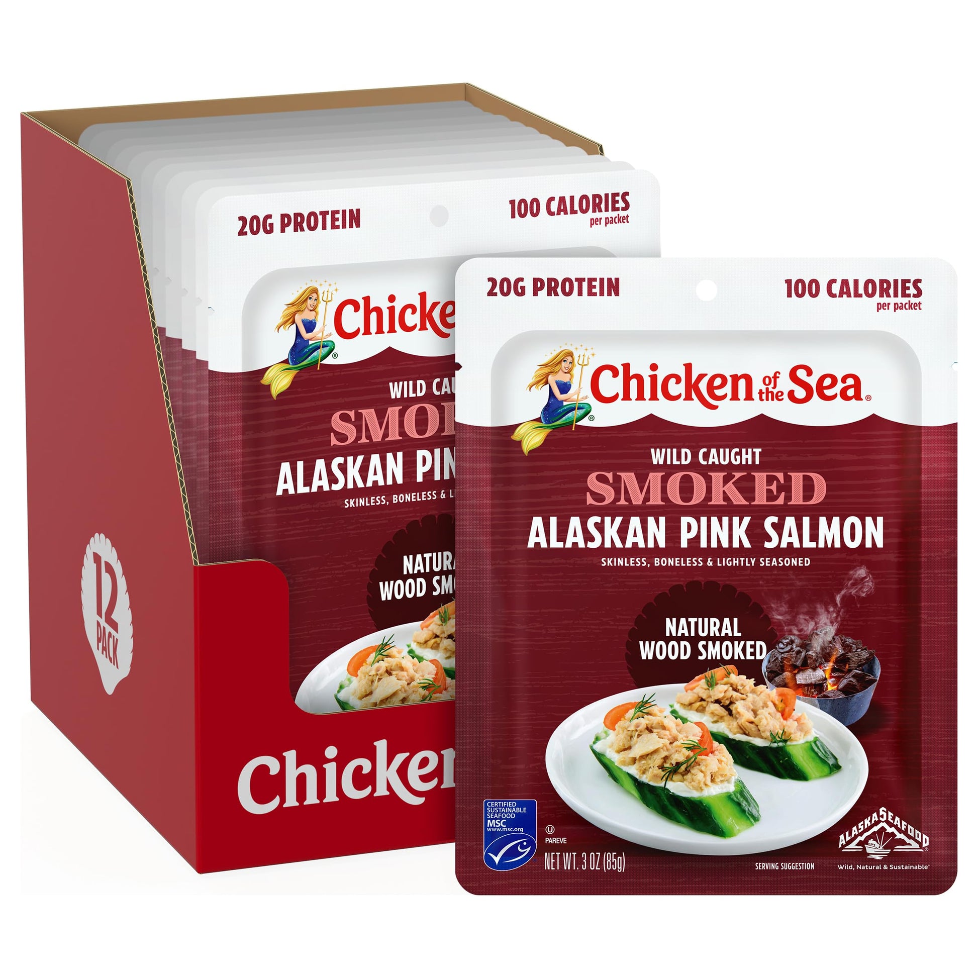 Chicken Of The Sea Rich Flavor Alaskan Pink Salmon  3 Ounce Packets (Pack Of 12)  Wild Caught Salmon  Natural Wood Smoke
