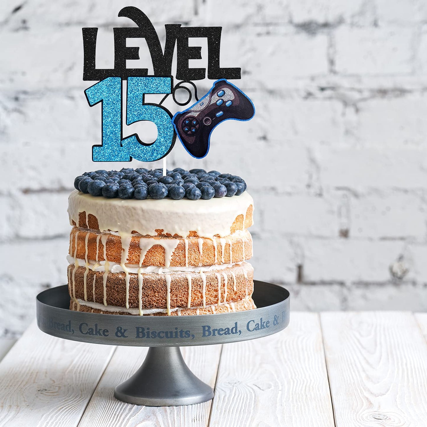 Caiwowo Level 15 Game Birthday Cake Topper - Paper Decoration for Boys 15th Birthday - Blue, Black Gaming Party Supplies