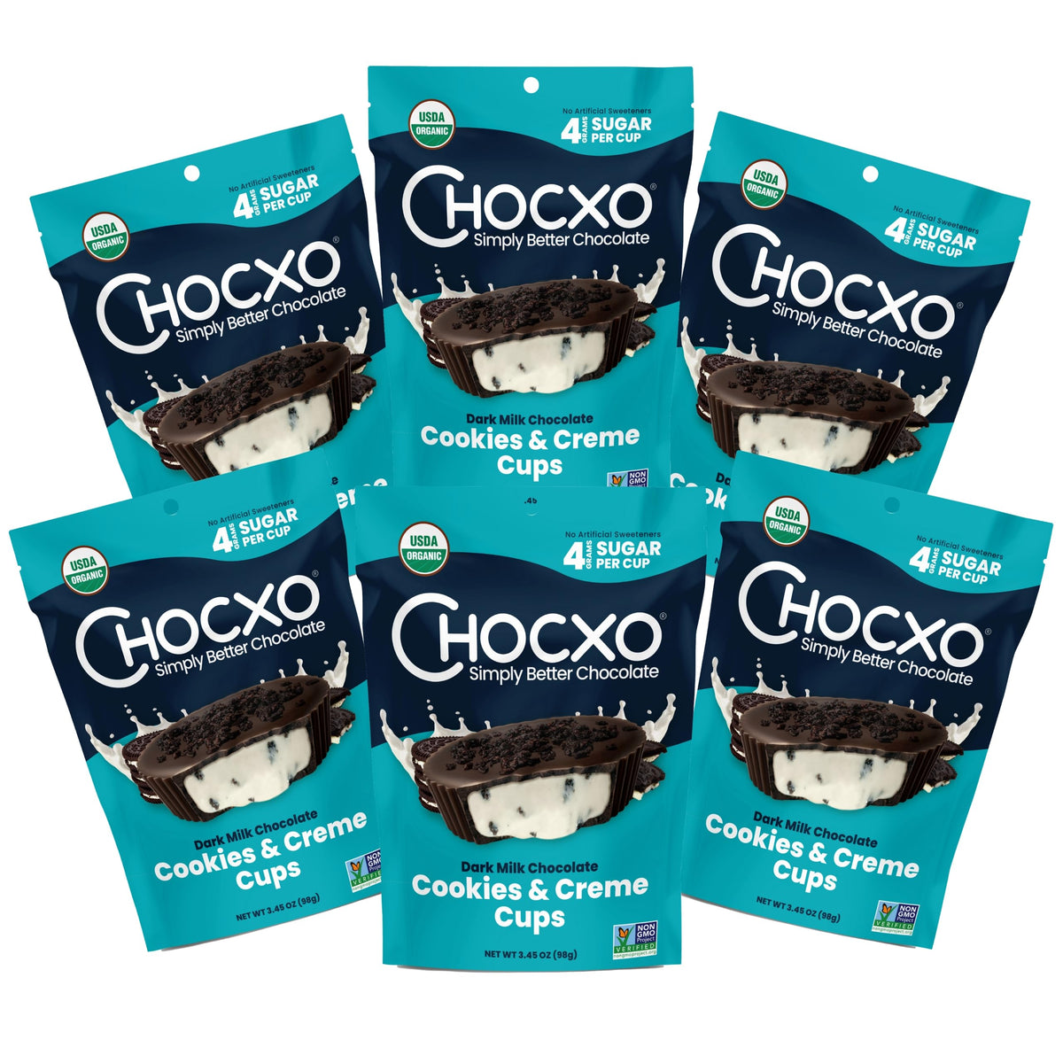 Chocxo Dark Milk Chocolate Cookies & Crème Cups - Lower Sugar, 69% Organic Cacao, Nongmo, Keto, Gluten Free, Kosher, No Artificial Sweeteners/Sugar  S, 3.45 Oz (Pack Of 6)