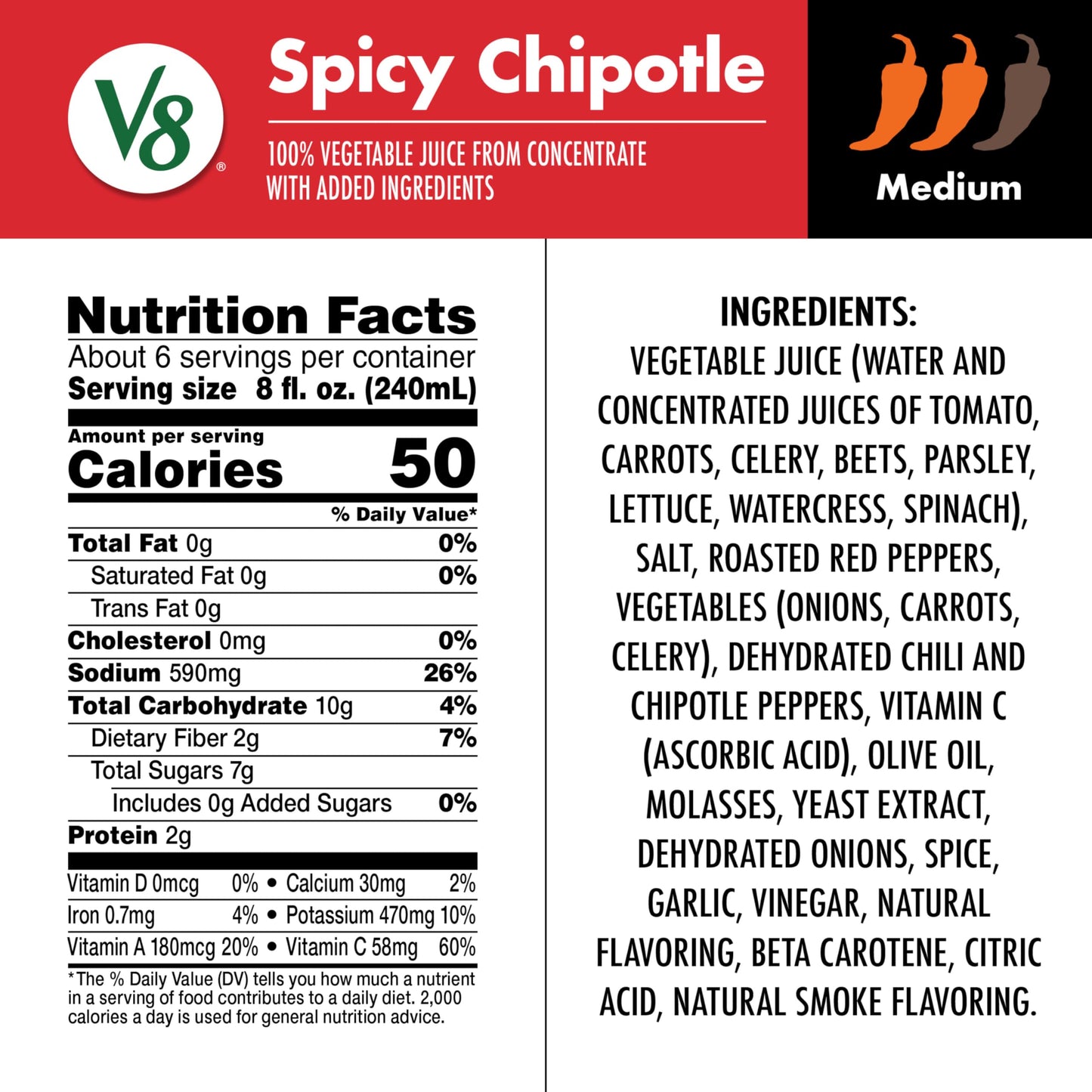 V8 Spicy Chipotle 100% Vegetable Juice, 46 fl oz Bottle (6 Pack)