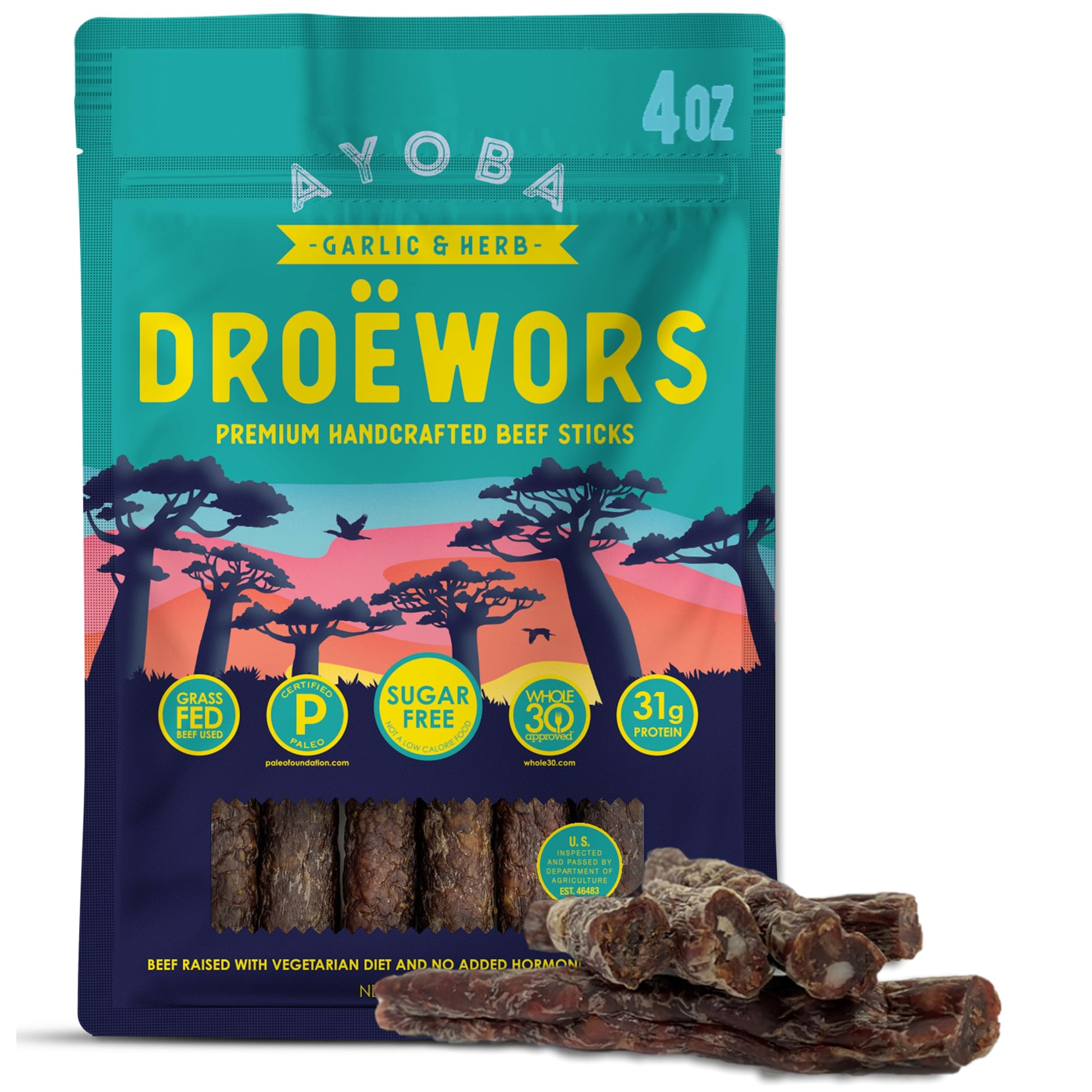 Ayoba Garlic Droewors Grass Fed Beef Paleo Sticks (4 Ounce, Pack Of 1) Keto Friendly, Air-Dried Grass Fed Beef Snack - Gluten Fr