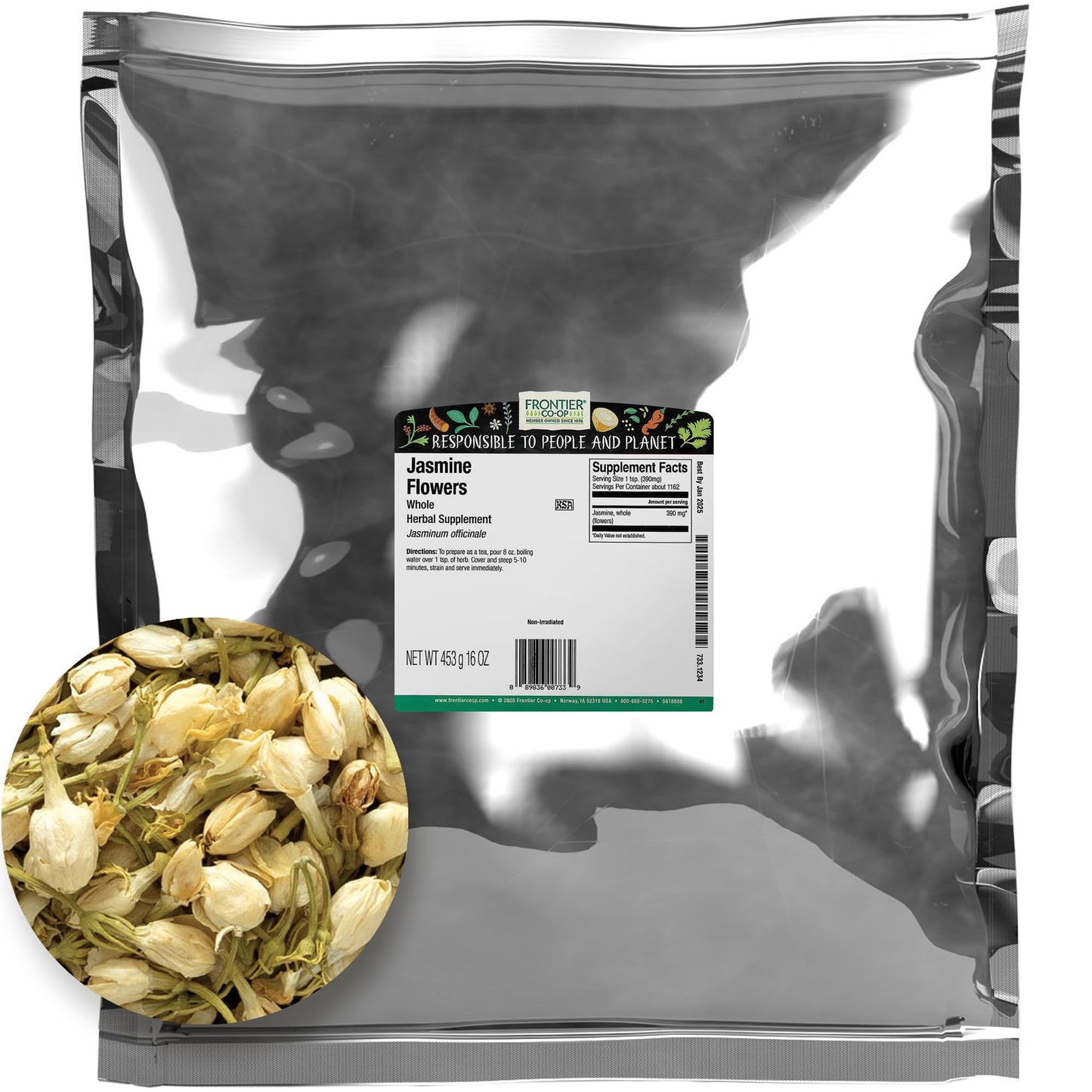Frontier Co-Op Dried Jasmine Flowers, 1Lb Bulk Bag, Whole Jasmine Buds, Natural & Kosher Edible Flowers | Ideal For Jasmine Flowers Tea And Herbal Use