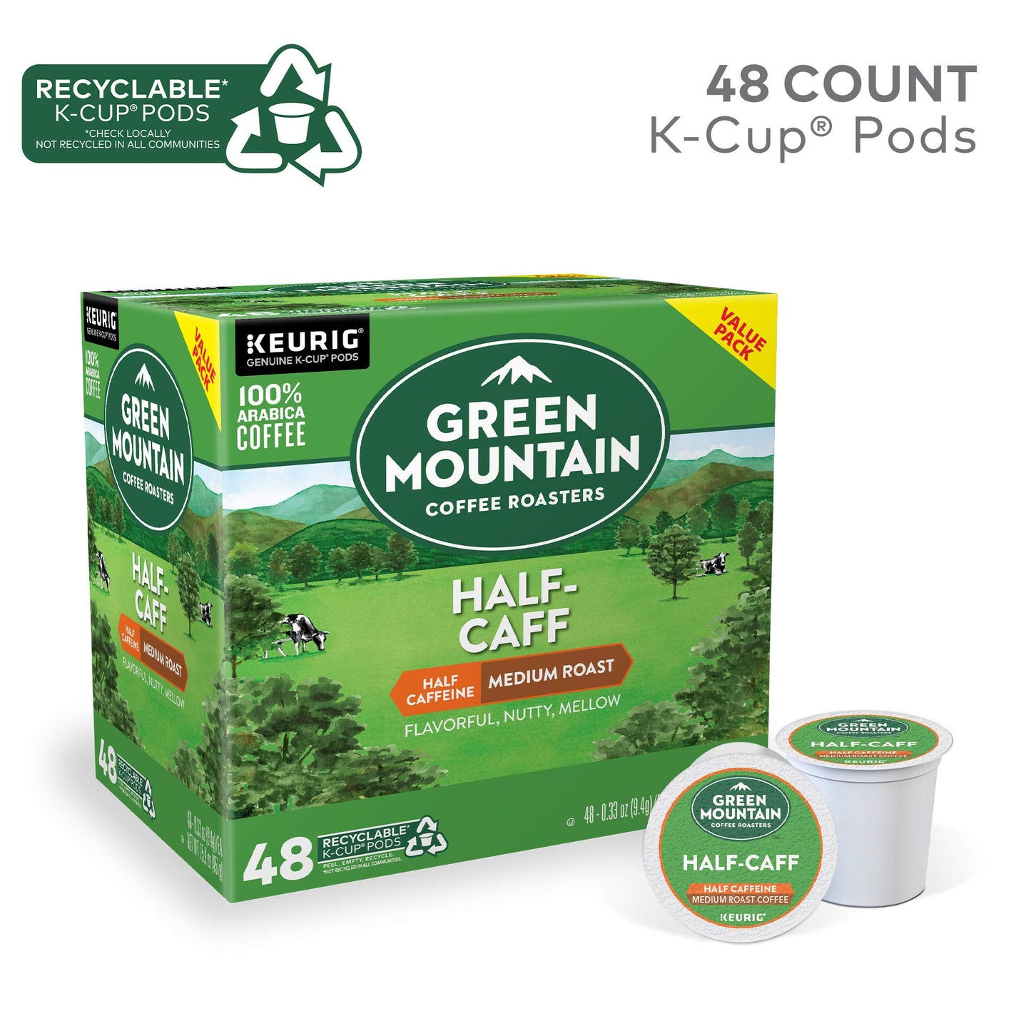 Green Mountain Coffee Roasters Half Caff Medium Roast K-Cup Pods, 48 Count