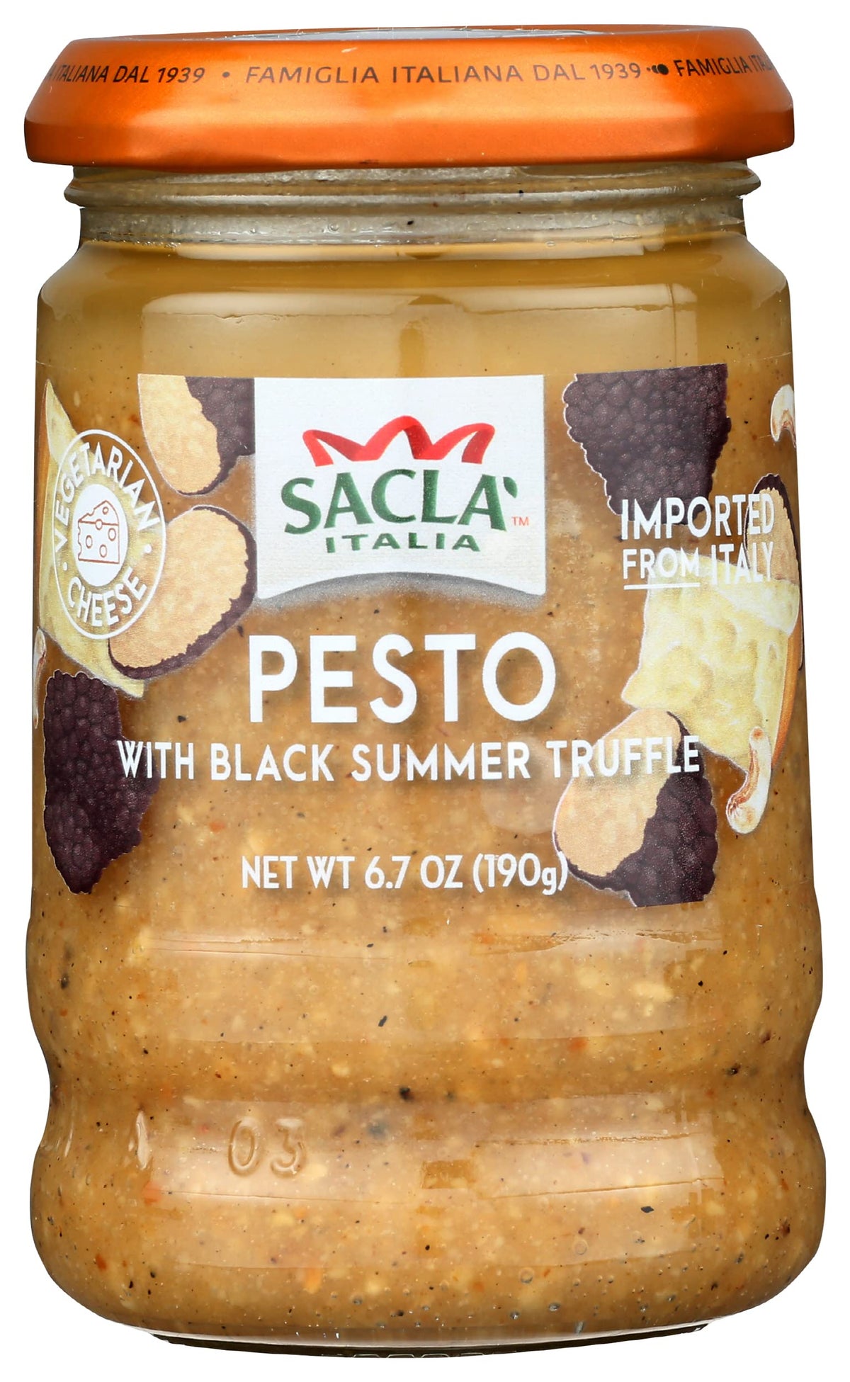 Sacla Pesto With Black Summer Truffle | Italian Basil Pesto Sauce With Real Truffle & Cheese | 6.7 Oz Glass Jar | Gourmet Non-Gmo Paste | Imported From Italy