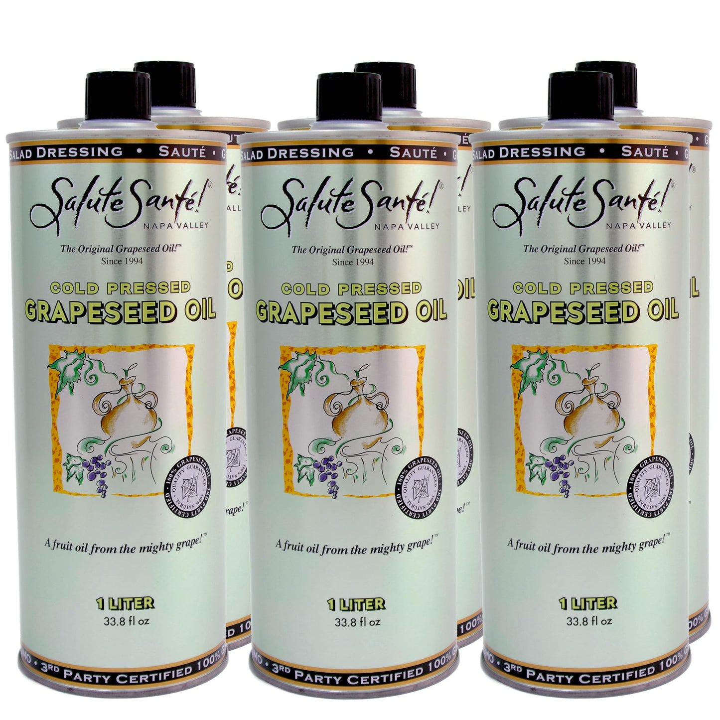 Salute Sant  ! Cold Pressed Grapeseed Oil - 1 Liter 6-Pack - cooking oil, grapeseed oil - High Smoke Point, Neutral Flavor, Idea