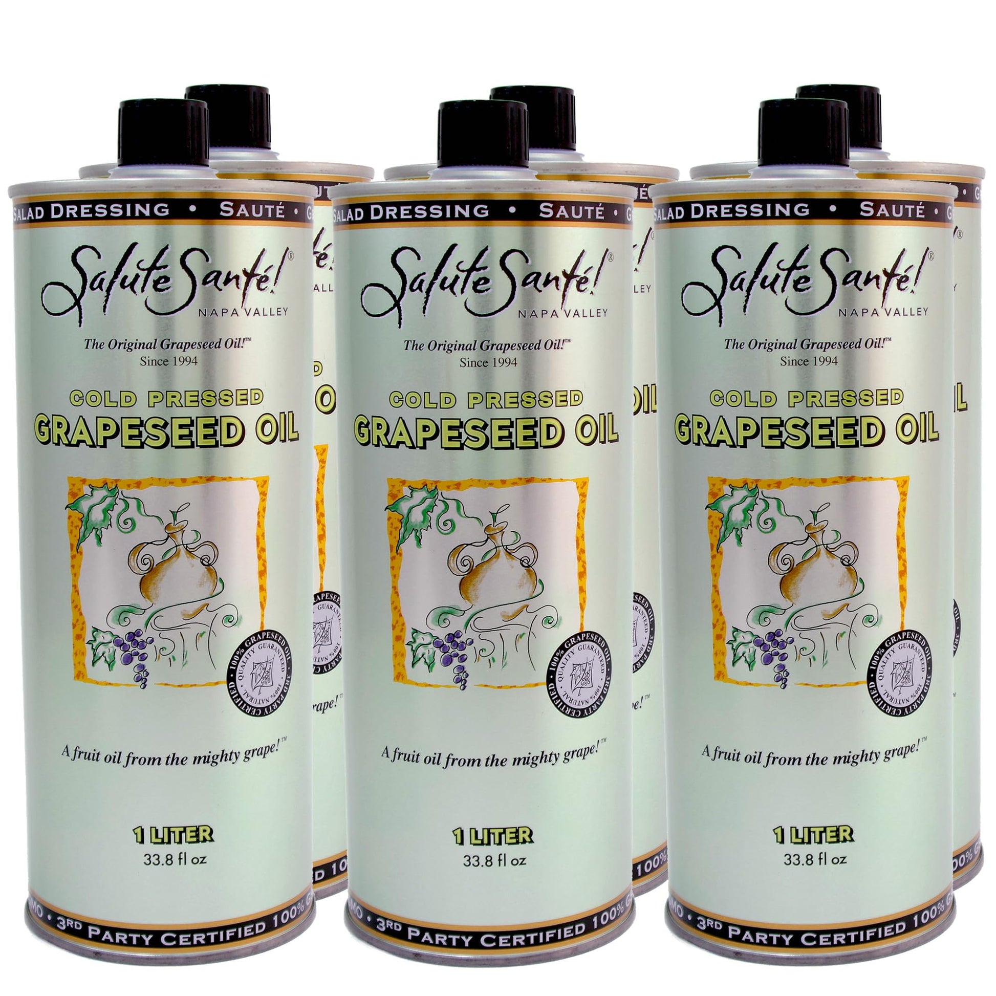 Salute Sant  ! Cold Pressed Grapeseed Oil - 1 Liter 6-Pack - cooking oil, grapeseed oil - High Smoke Point, Neutral Flavor, Idea