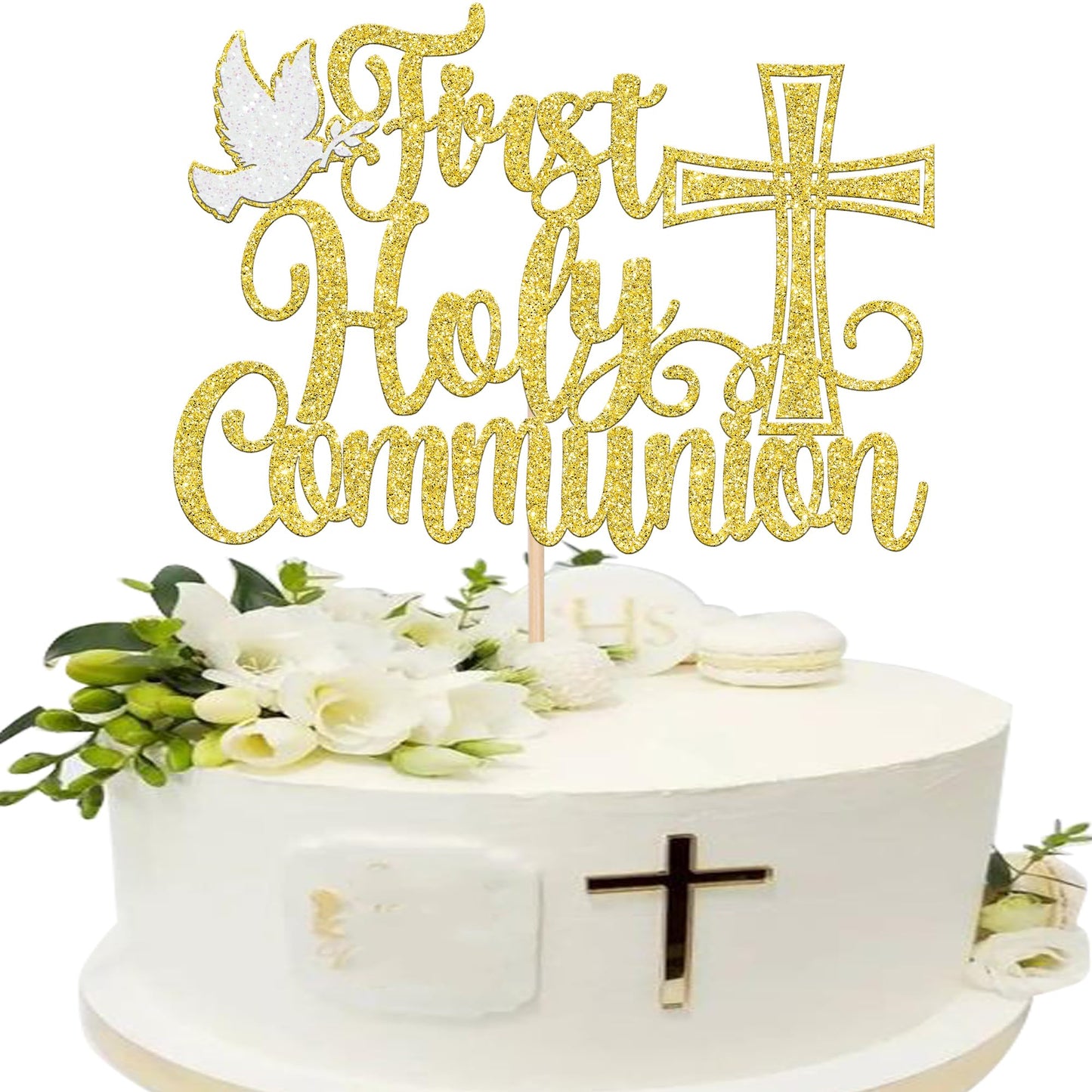 YCTHUNFISH Cake Topper Glitter Pigeon Cross Baptism Decorations Gold
