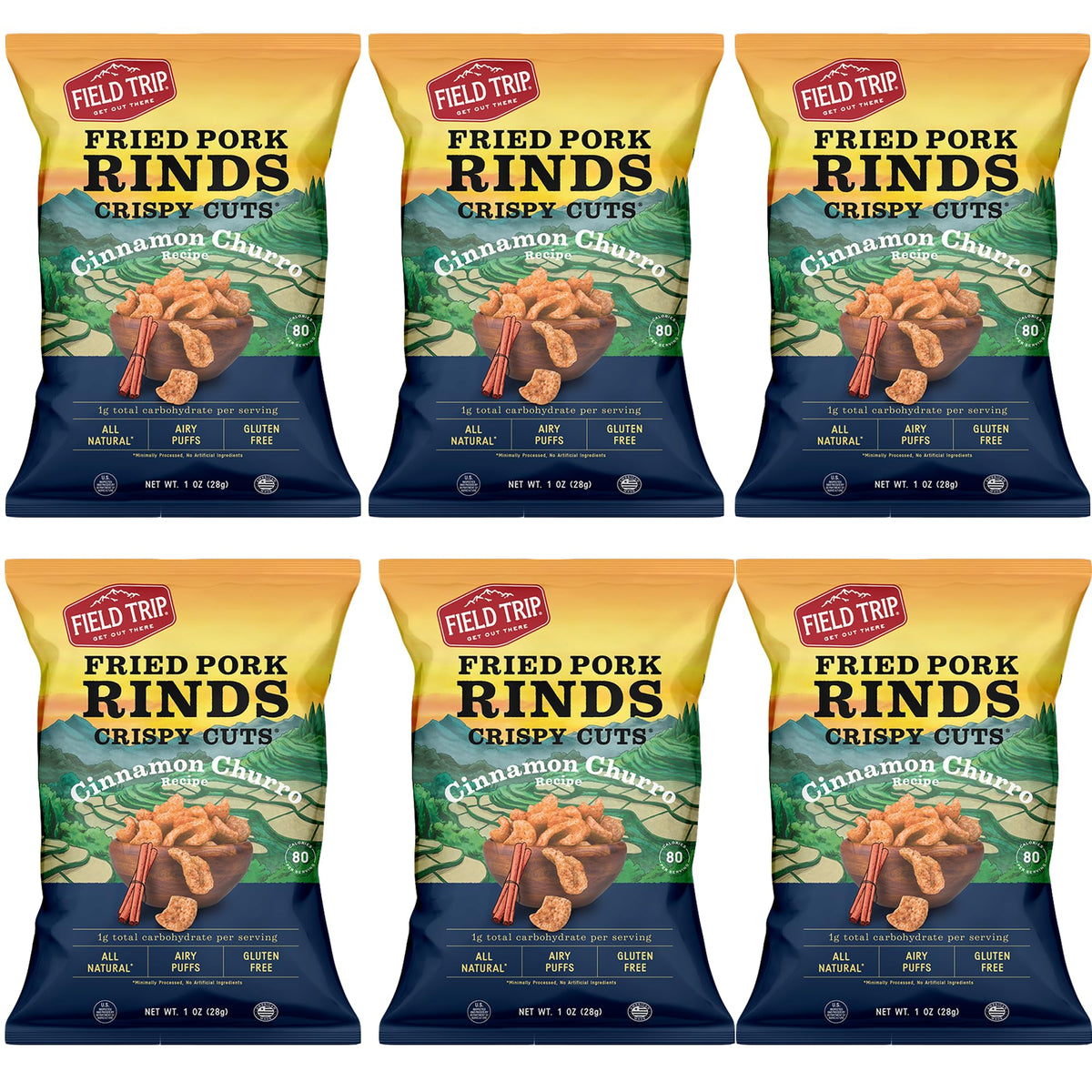 Field Trip Gluten Free Pork Rinds, Paleo And Keto Friendly Airy Puffs, Crunchy High Protein Snacks, Low Carb Snack From Back Pork Skins, 1Oz Bag, 6 Pack, Cinnamon Churro, Holiday & Christmas Gift Item