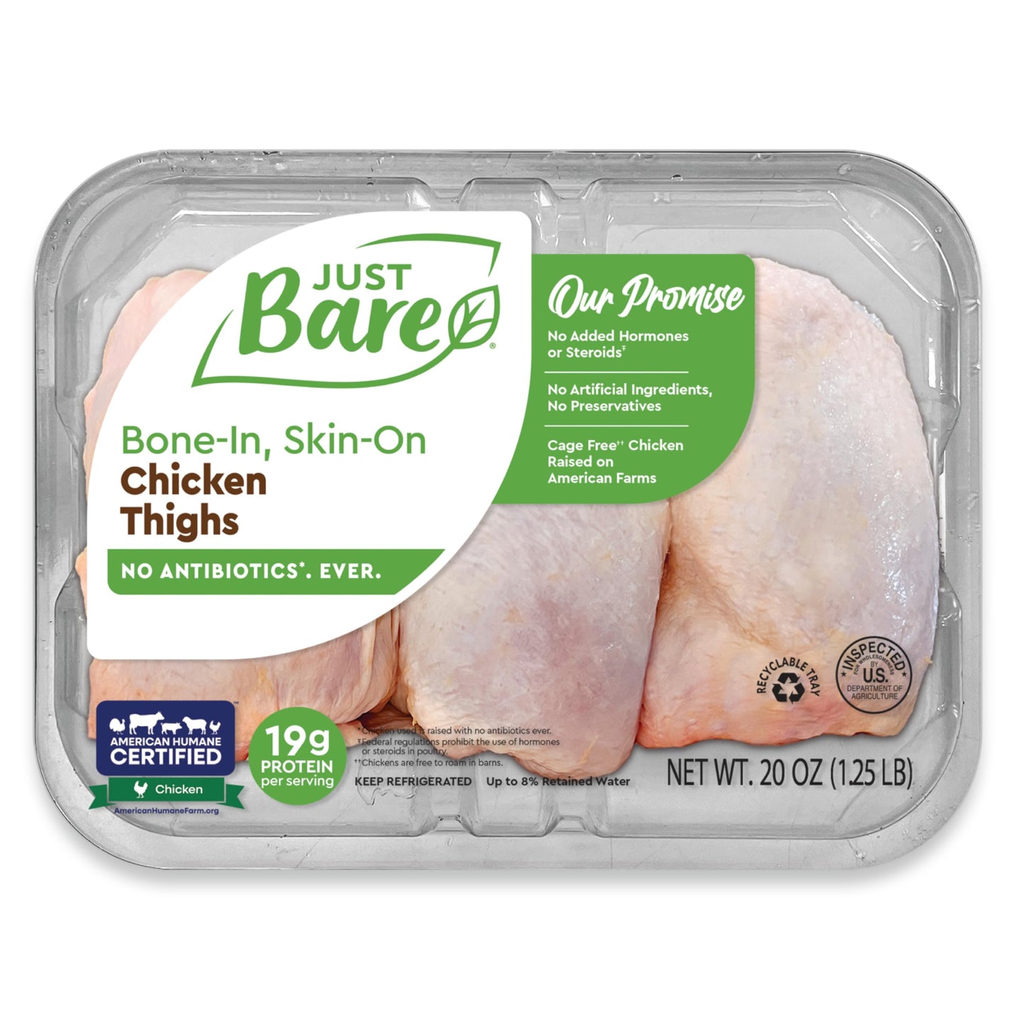 Just Bare Natural Fresh Chicken Thighs | No Antibiotics Ever | Bone-In | 1.25 LB