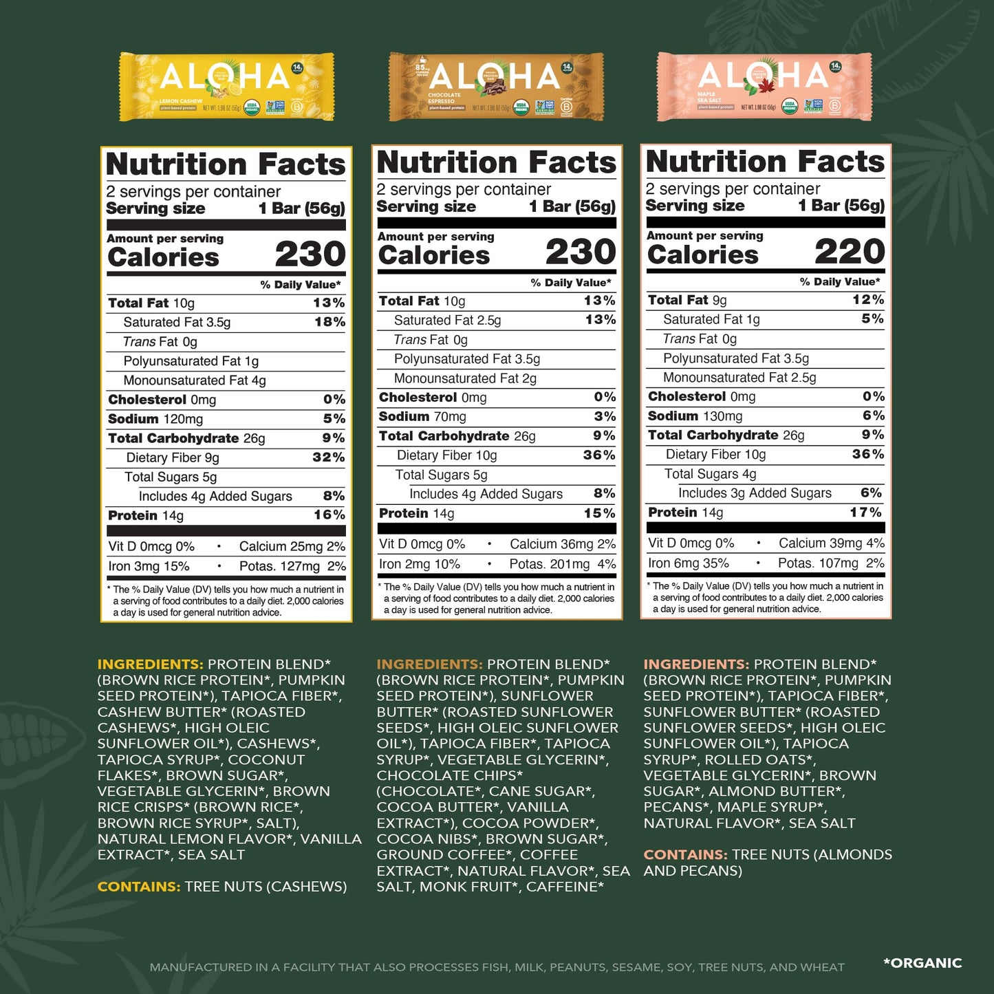 ALOHA Organic Plant Based Protein Bars - Sampler Pack #2-12 Bars  Vegan  Low Sugar  Gluten-Free  Paleo  Low Carb  Non-GMO  No Stevia  No Erythritol
