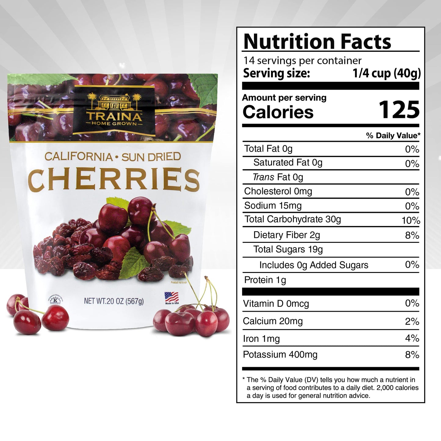 Traina Home Grown California Sun Dried Bing Cherries - Healthy & Non-Gmo, Natural Sweet Flavor Fruit No Sugar Added, Perfect Sna