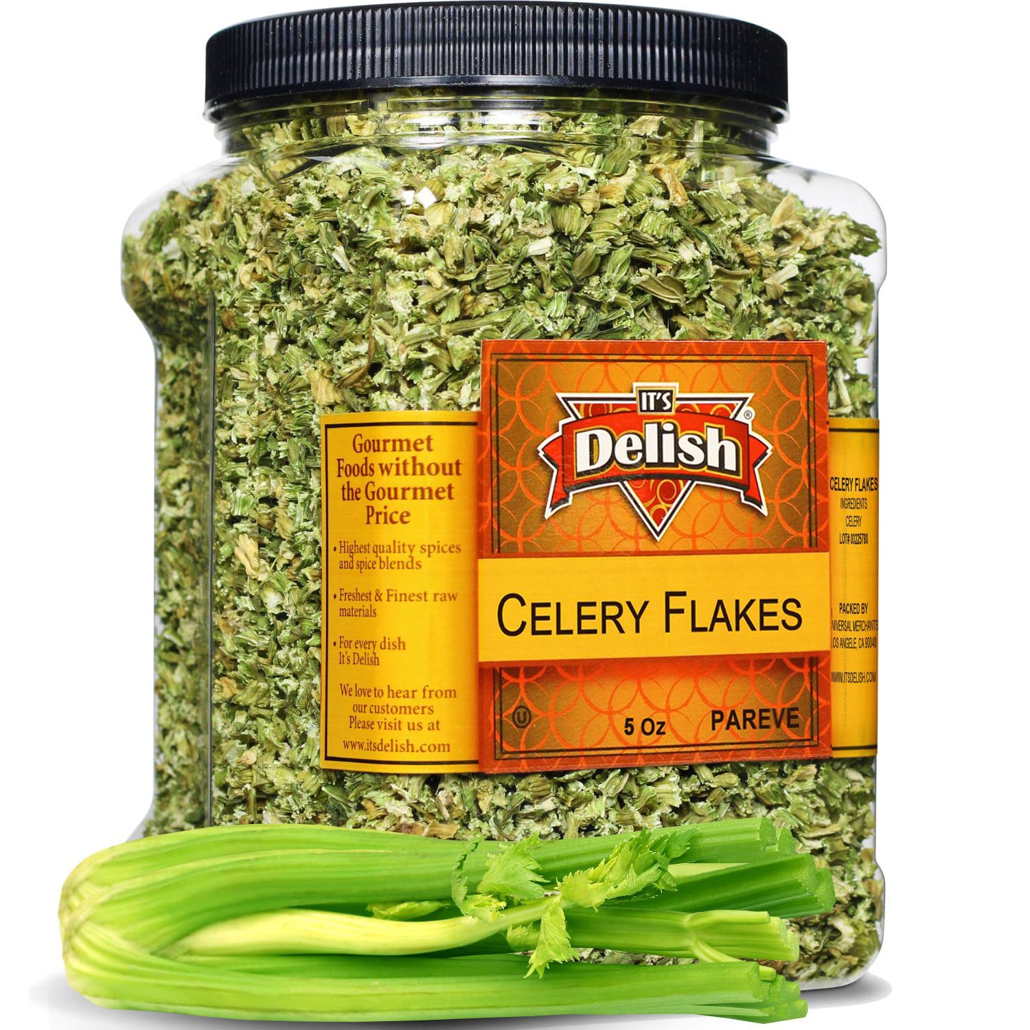 Dried Celery Flakes By It'S Delish, 5 Oz Jumbo Reusable Container | Dehydrated Food And Dried Vegetables For Soup, Stew, Rice, G