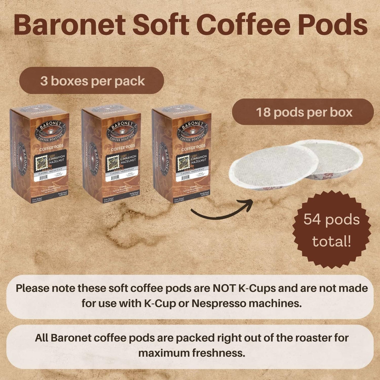 Baronet Coffee Pods Flavored Cinnamon Hazelnut, 54 Count, Medium Roast, Regular Strength, Single Serve