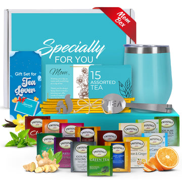 Mothers Day Gifts For Mom Tea Gifts For Women - Sampler Gift Basket With 15 Unique Blends  Honey Sticks  Stainless Tumbler & Gift-Ready Box (Mom Card-Teal)