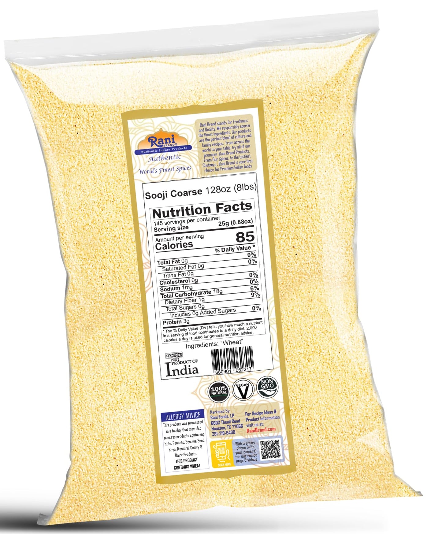 Rani Sooji Coarse (Farina, Suji, Rava, Rawa, Wheat Semolina) Flour 128Oz (8Lbs) 3.63Kg Bulk ~ All Natural | Vegan | Non-Gmo | Kosher | Indian Origin