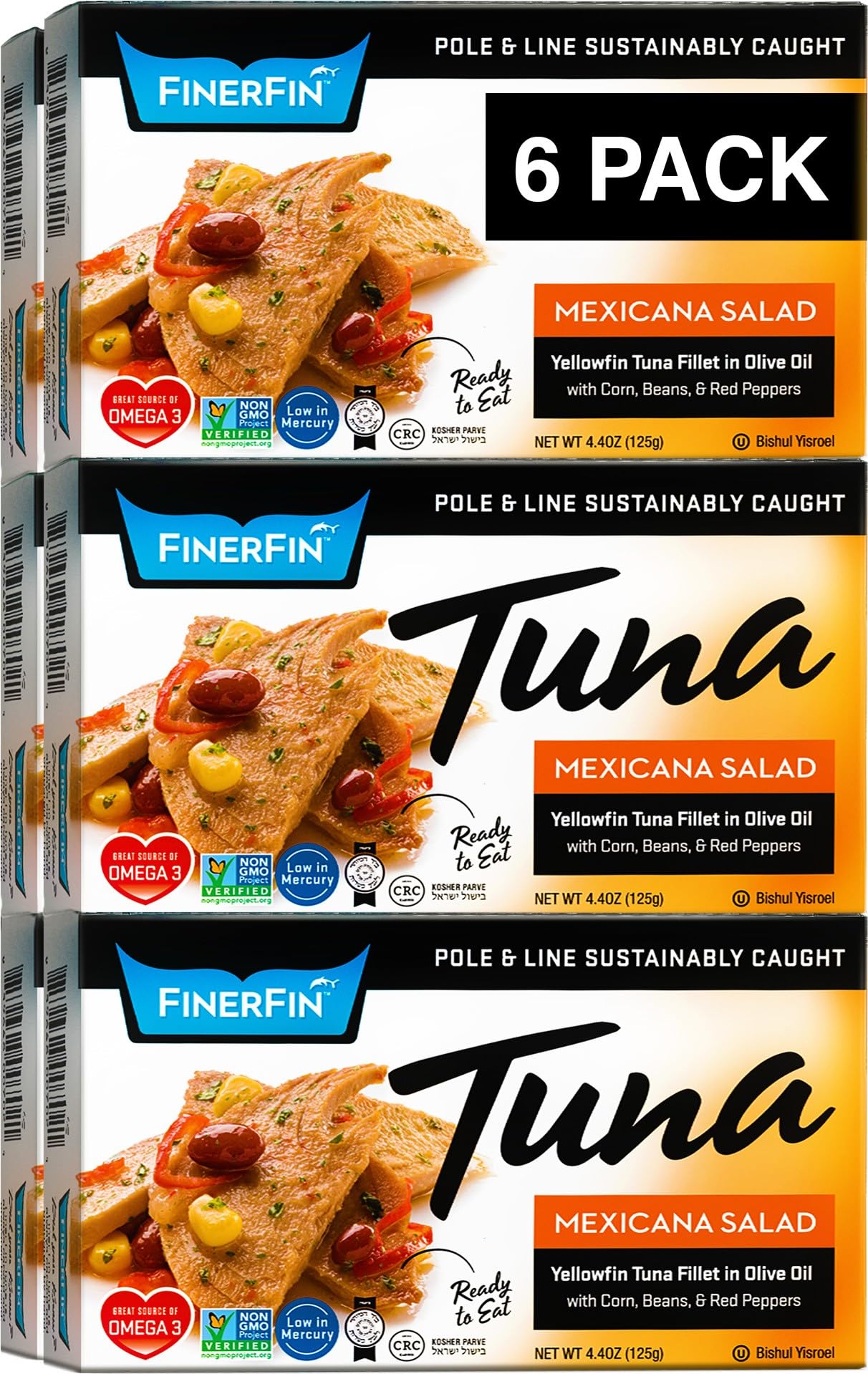 FinerFin Yellowfin Tuna in Organic Olive Oil, Mexicana Salad Flavor, 4.4oz Can, Pack of 6, Gourmet Ready-to-Eat Wild-Caught Fish