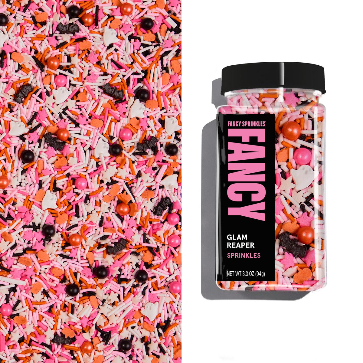 Fancy Sprinkles Glam Reaper Sprinkles Pink  Orange  Black  And White Crunchy Jimmies Candy Pearls  Bats And Pumpkins 1 Pack (0.5C)