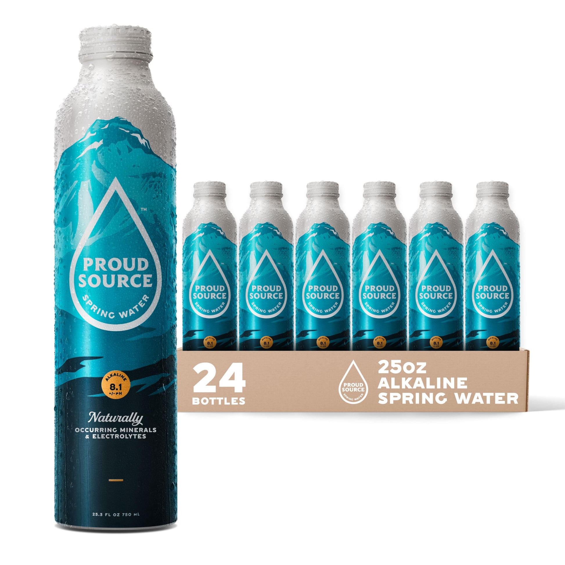 Proud Source Alkaline Spring Water - Rocky Mountain Sourced Mineral Water with Electrolytes  BPA-Free Infinitely Recyclable Aluminum Bottles  Unflavored  25 Fl Oz (Pack of 24)