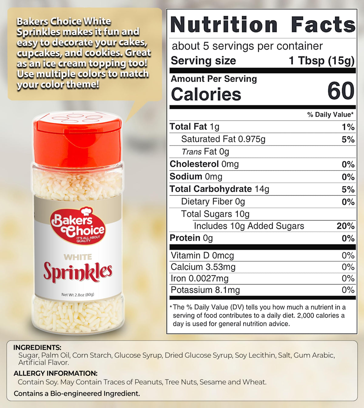 Bakers Choice White Jimmies Sprinkles - Dairy Free, Kosher, 2.8 oz.