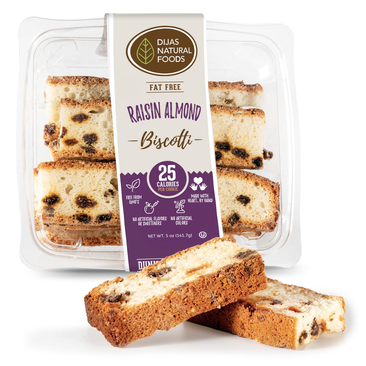 Dijas Natural Foods, Crunchy Fat Free Biscotti Cookie, All Natural Preservative Free Ingredients, Delicious Low Calorie Snack (5 Ounces, Raisin Almond)