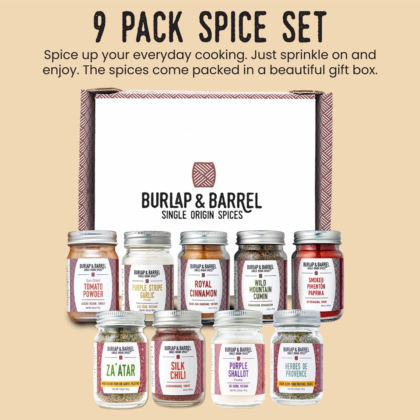 Burlap & Barrel 9-Pack Spice Gift Set – Includes Cinnamon, Garlic, Lime & More – 9 Full-Size Jars
