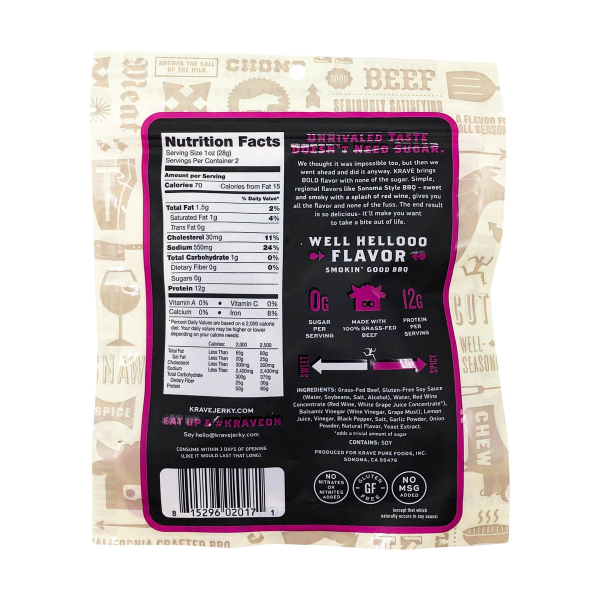 KRAVE Beef Jerky, Zero Sugar, All Natural, 100% Grass Fed, Sonoma Style BBQ, 2.1 Ounce