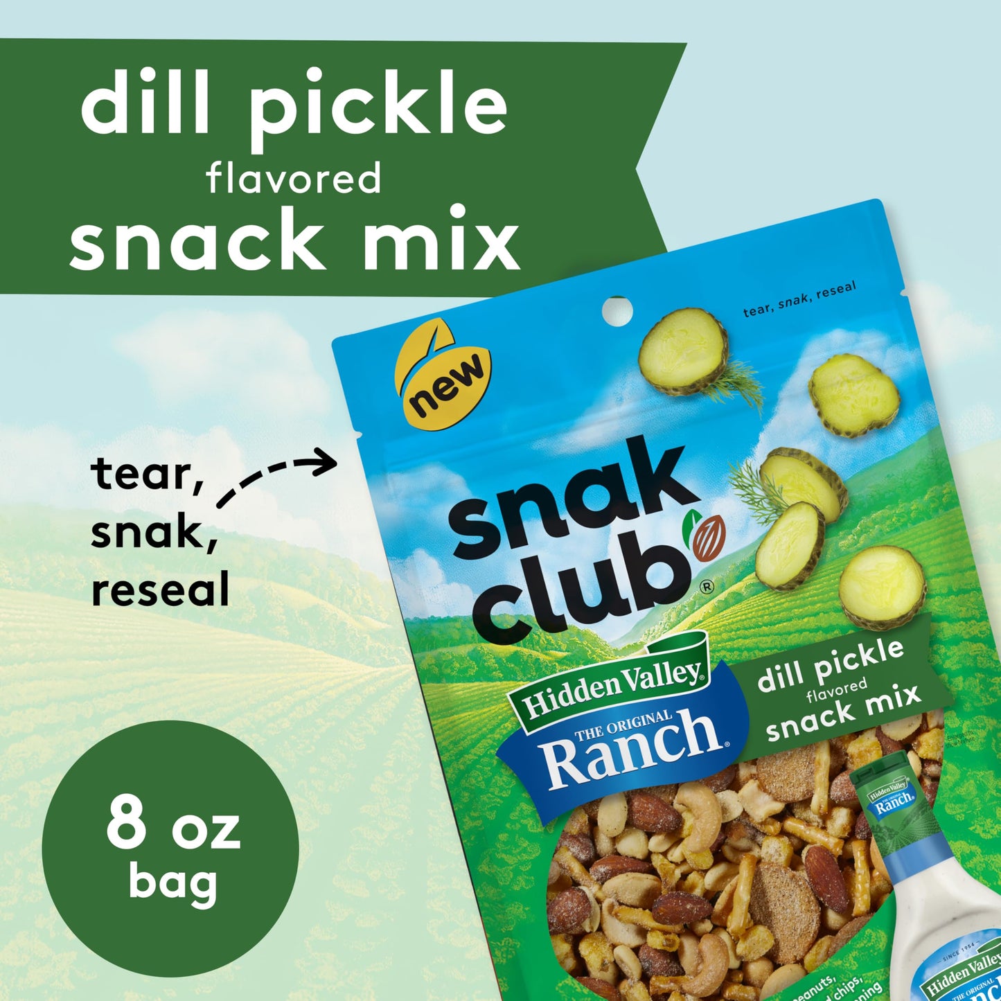 Snak Club Hidden Valley Ranch And Dill Pickle Flavored Snack Mix, Toasted Corn, Roasted Almonds, Peanuts, Salted Cashews, Mini Pretzel Sticks, Rye Bread Chips, 8 Oz Resealable Bag