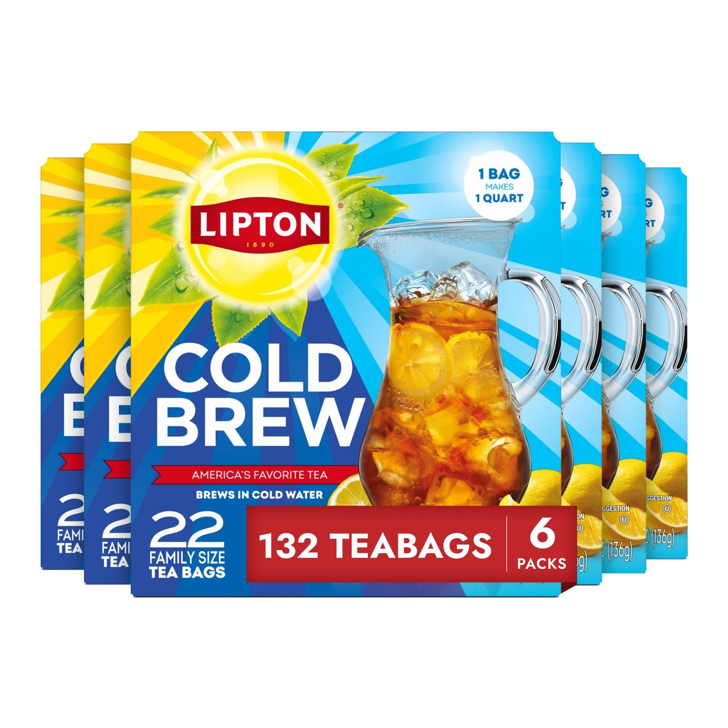 Lipton Cold Brew Iced Tea Bags, Family Size, 132 Total Bags (22 Count - Pack of 6), Model 10794522004178