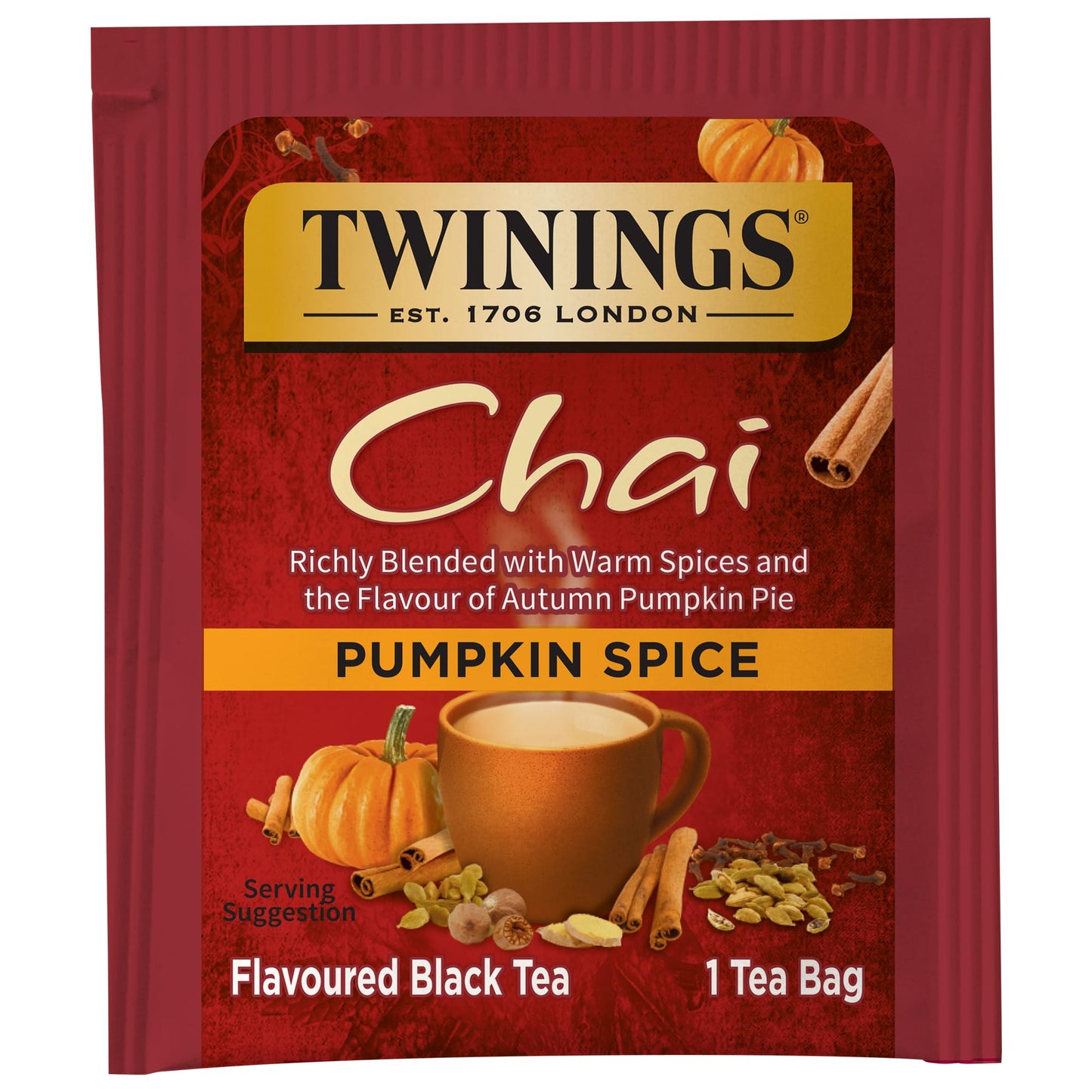Twinings Pumpkin Spice Chai Black Tea Individually Wrapped Bags, 20 Count (Pack of 6), Warm, Spicy & Aromatic, Caffeinated, Enjo