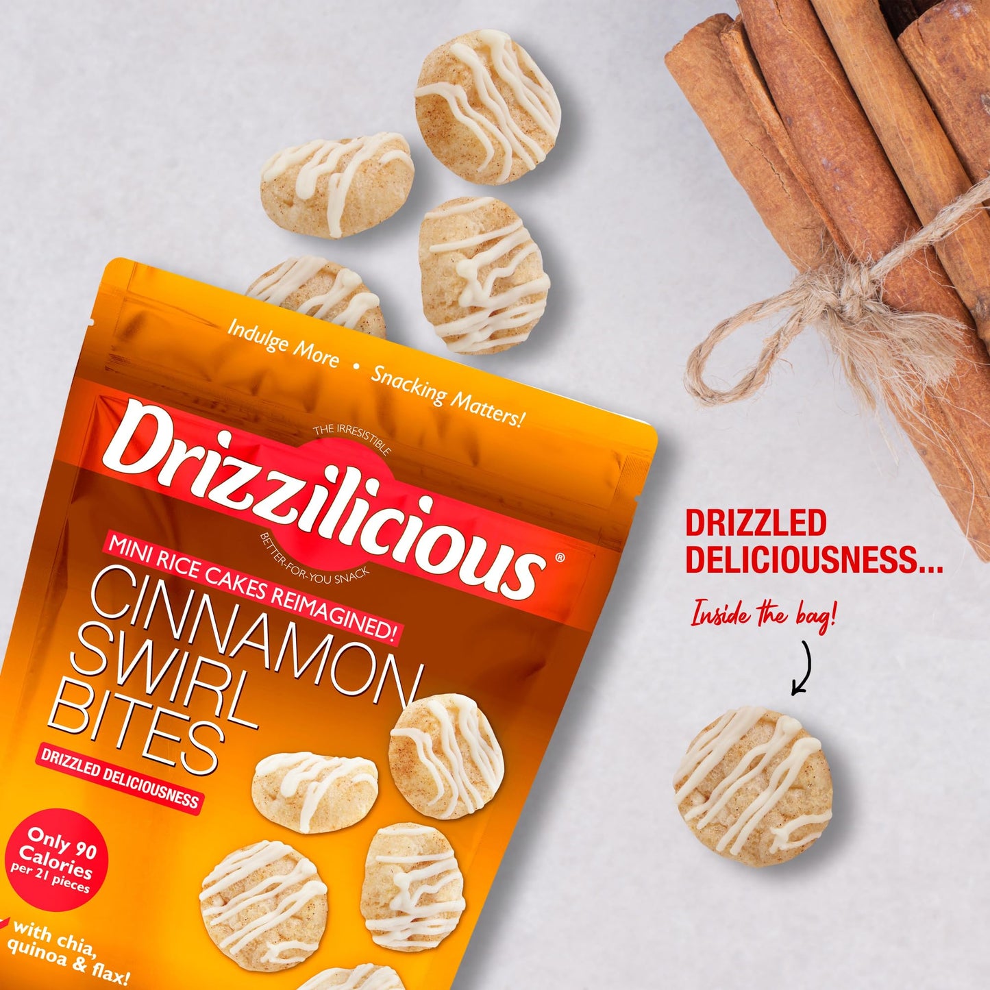 Drizzilicious Mini Rice Cakes Cinnamon Swirl - Rice Crisps, Healthy Snack For Mature-Themeds And Kids, Flavored Rice Cakes, Vegan, Gluten Free, Allergen Free, Only 90 Calories Per Bag - 0.74 Oz (Pack Of 20)