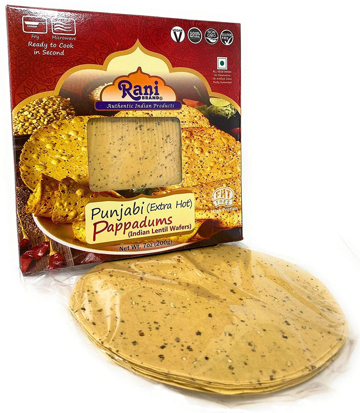 Rani Pappadums (Indian Lentil Wafer Snack) Punjabi Papad - Extra Hot, 7Oz (200G) Approximately 15Pc, 7 Inches, Pack Of 2 ~ All N