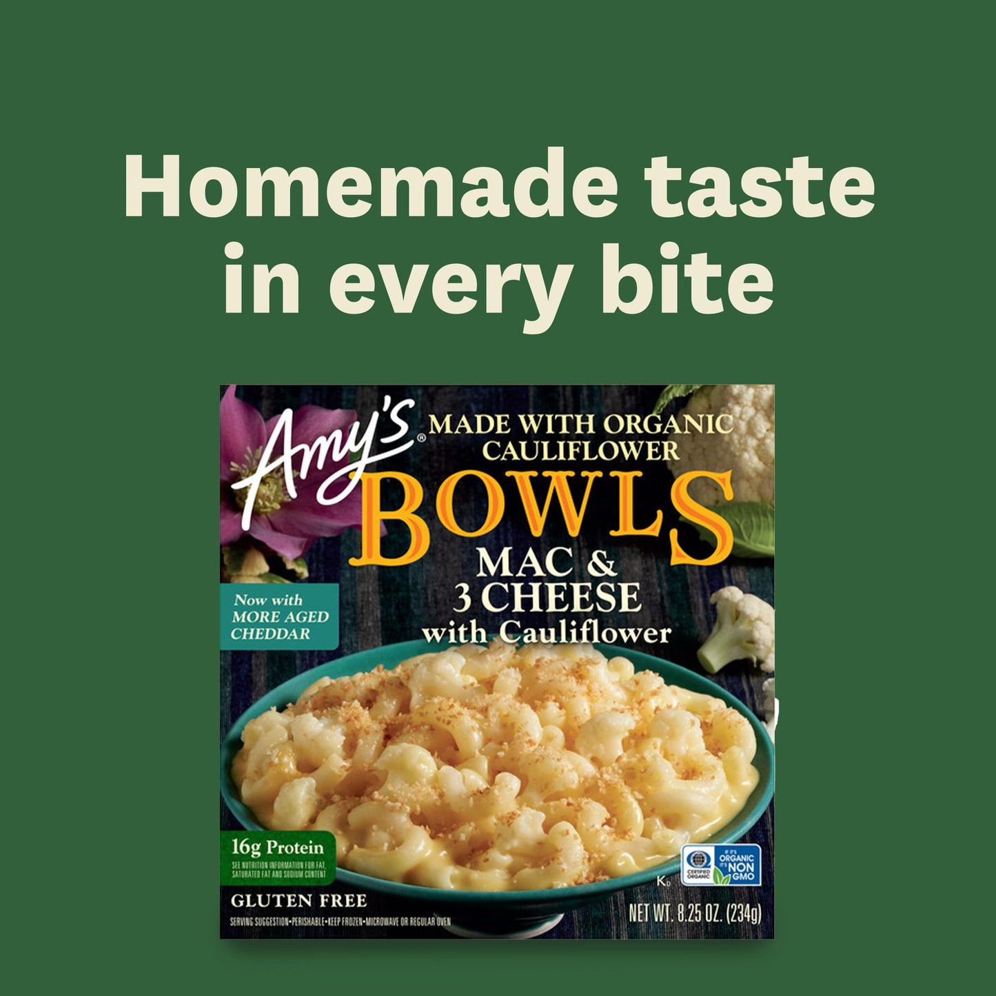Amys Frozen Meals, Macaroni and 3 Cheese Pasta Bowl, Made With Organic Rice and Cauliflower, Gluten Free Microwave Meals, 8.25