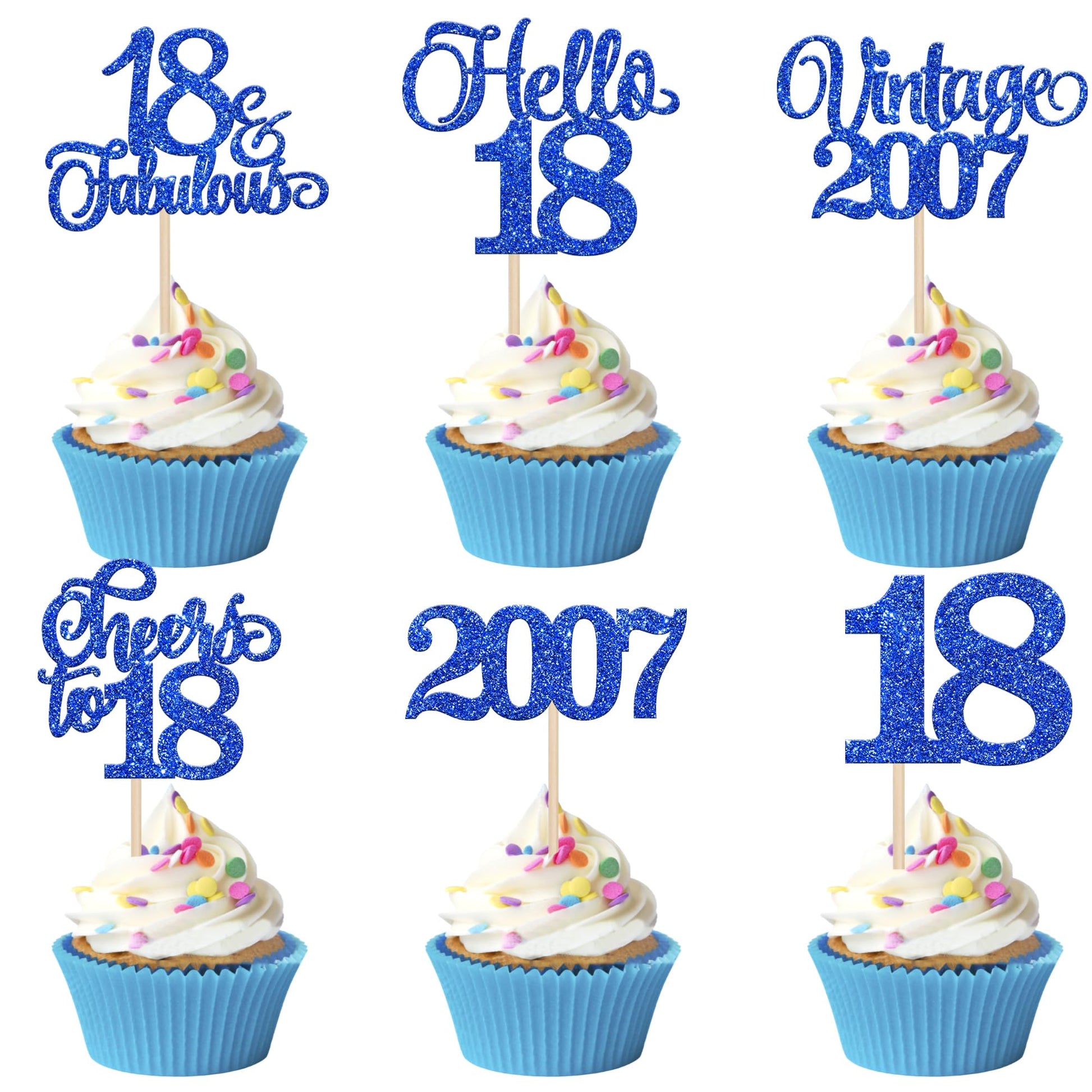 Rsstarxi 18th Birthday Cupcake Toppers, 24 Pack, Vintage 2007 Design, Blue