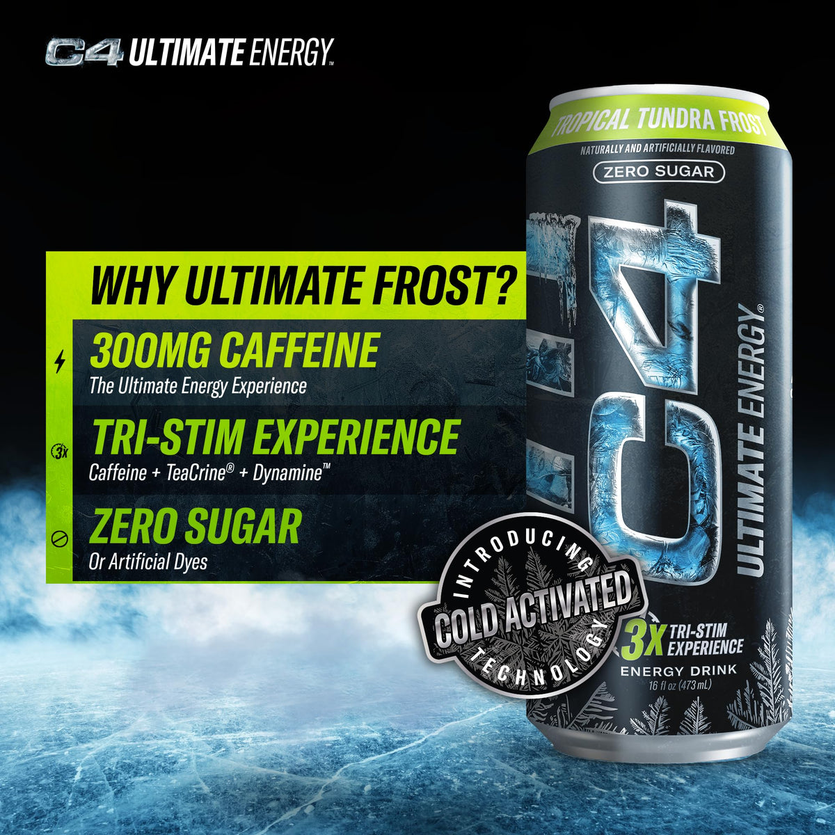Cellucor C4 Ultimate Pre Workout Energy Drink - Sugar Free, 300mg Caffeine, Tropical Tundra Frost, 16 Fl Oz (Pack of 12)