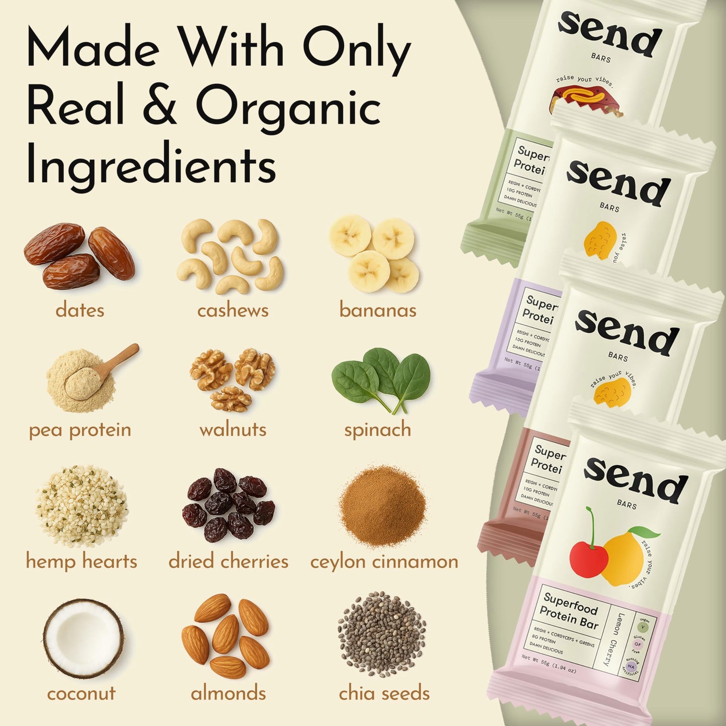 Send Bars Plant-Based Vegan Healthy Protein Bars, With Greens (Lemon Cherry, 8 Bars) – Only Real Ingredients, Zero Added Sugar, Gluten-Free, Dairy-Free