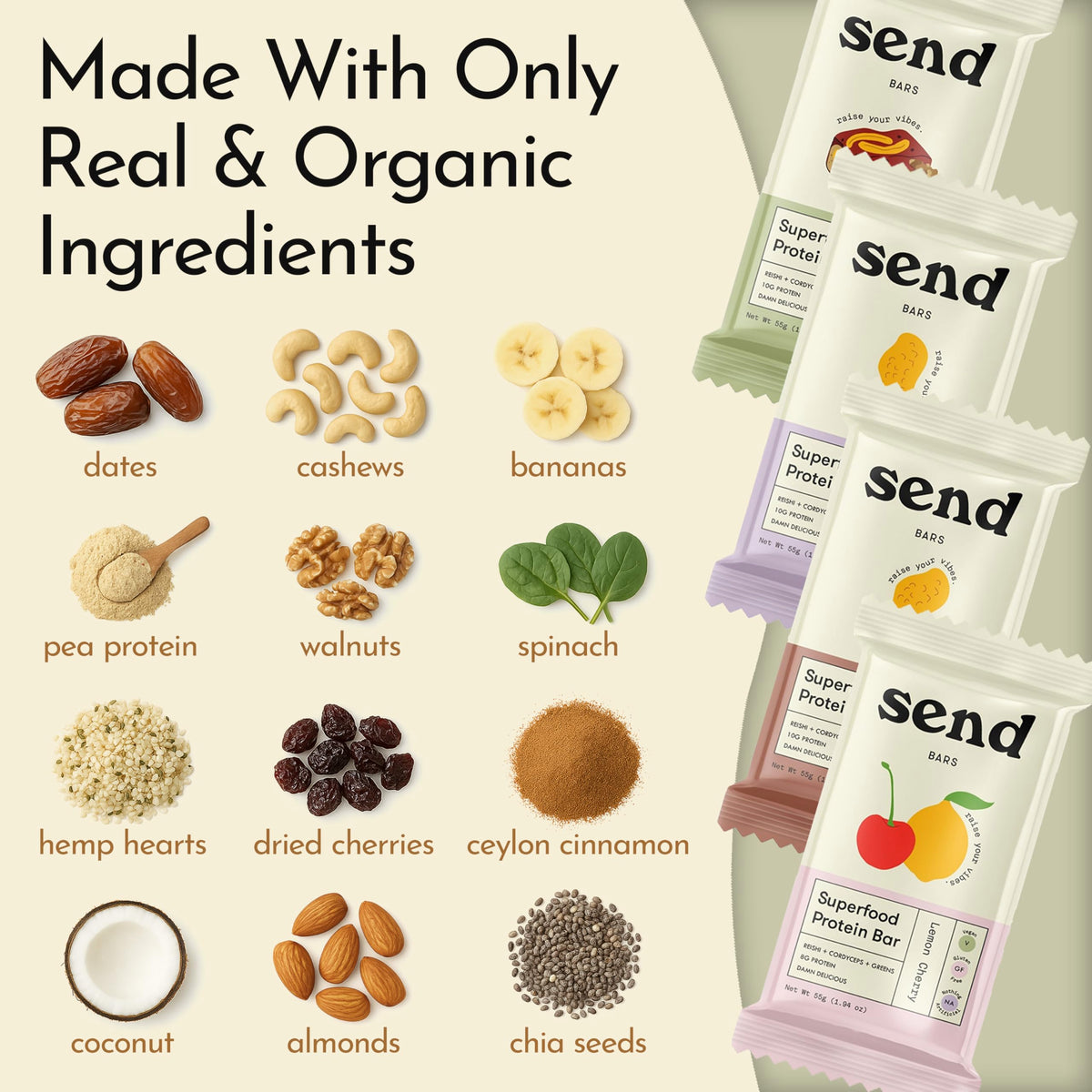 Send Bars Plant-Based Vegan Healthy Protein Bars, With Greens (Peanut Butter, 8 Bars) – Only Real Ingredients, Zero Added Sugar, Gluten-Free, Dairy-Free