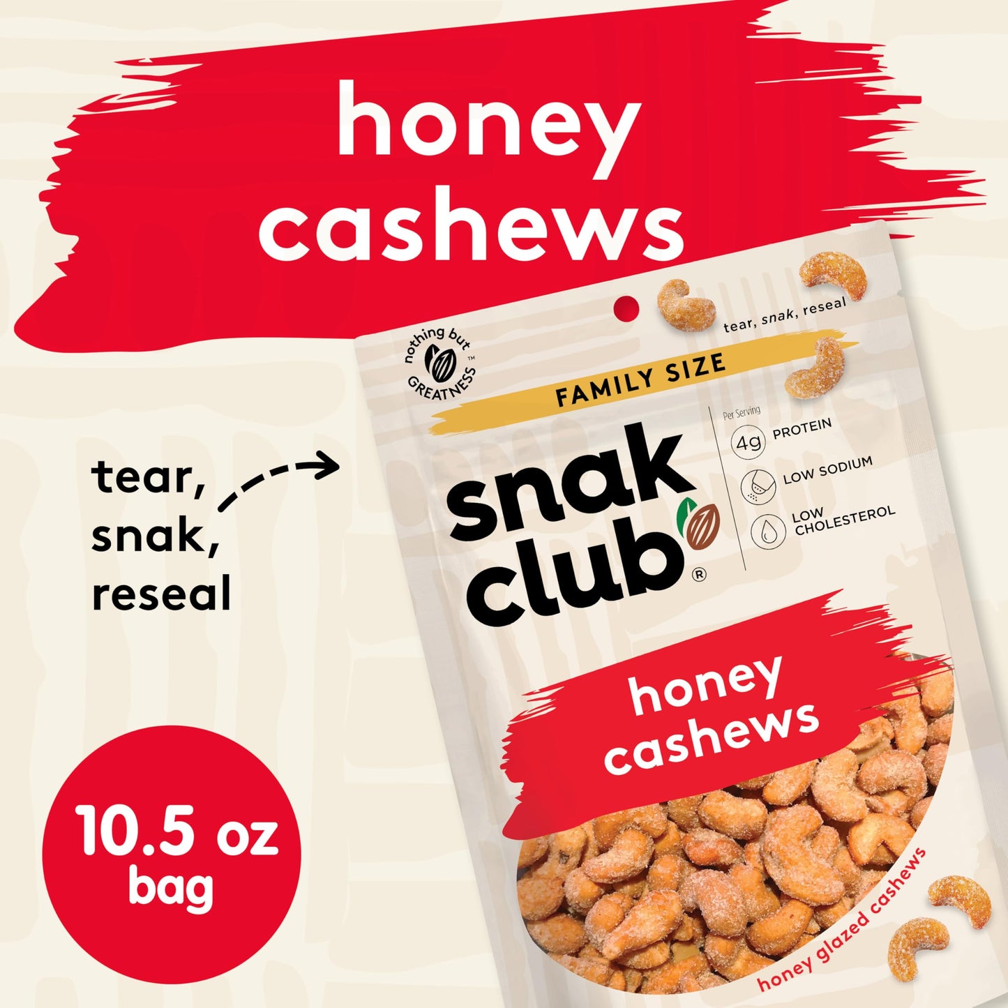 Snak Club Bags Honey Cashews, Crunchy, Glazed, Gluten-Free, Family Size, 10.5 Ounce