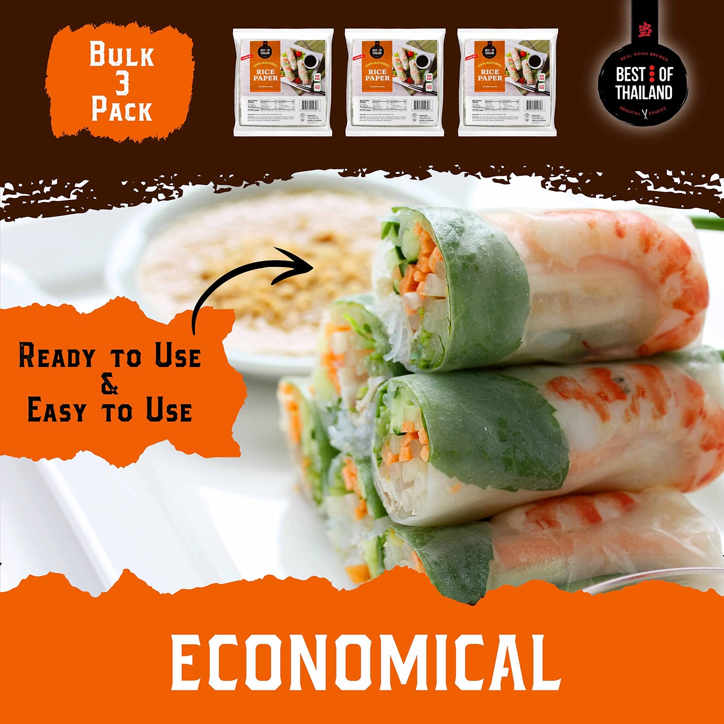 Best of Thailand White Rice Paper Wraps - Pack of 3, Non-GMO, Gluten-Free, Vegan, Paleo, Kosher for Passover