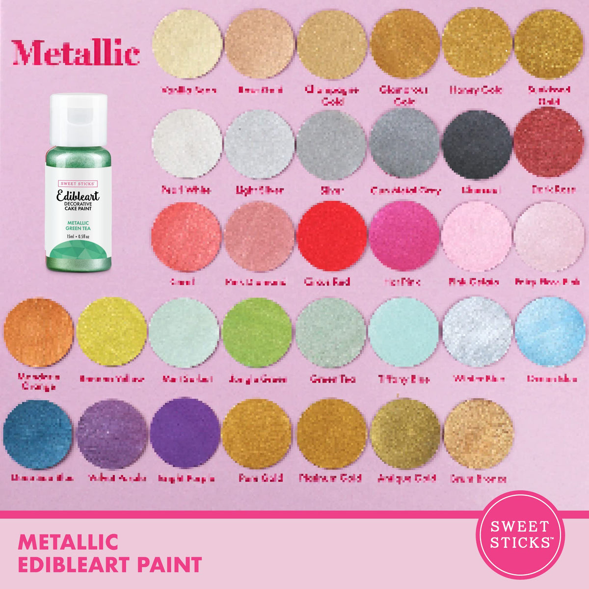 SWEET STICKS Edible Art Decorative Cake Paint 0.5 Oz Metallic Green Tea